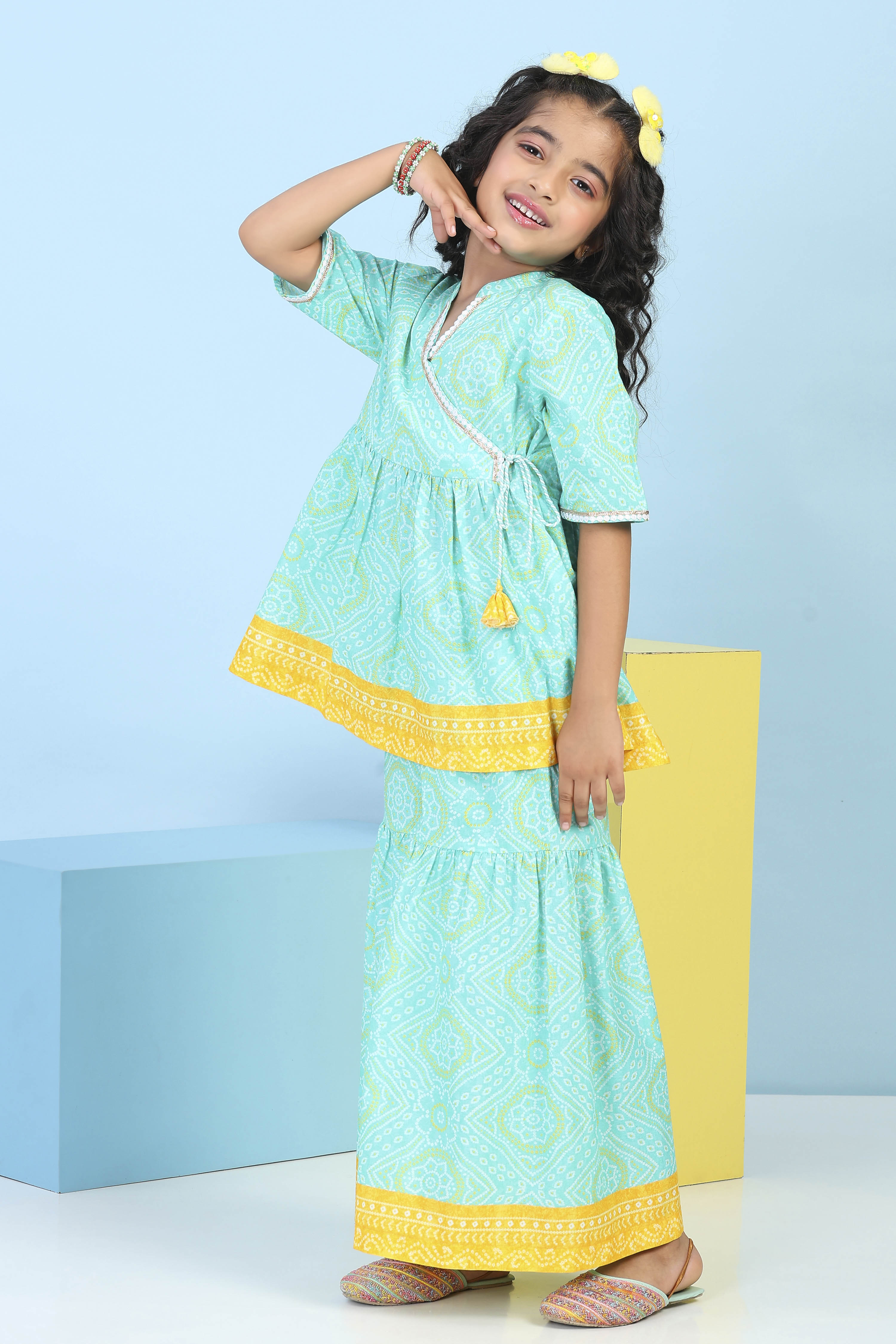 Mint Green Cotton Printed Gathered Suit Set image number 3