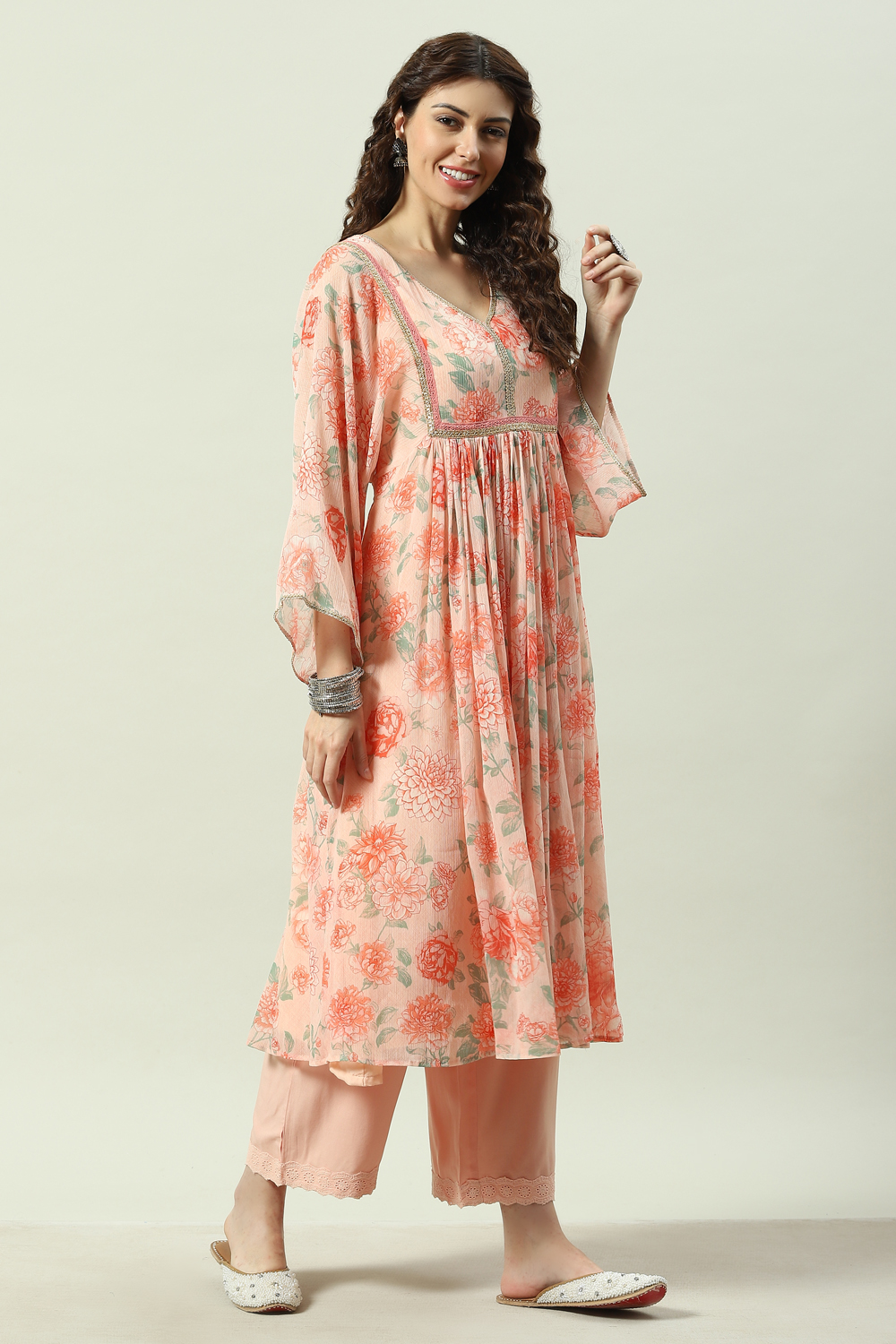 Peach Viscose Flared Kurta Palazzo Suit Set image number 6