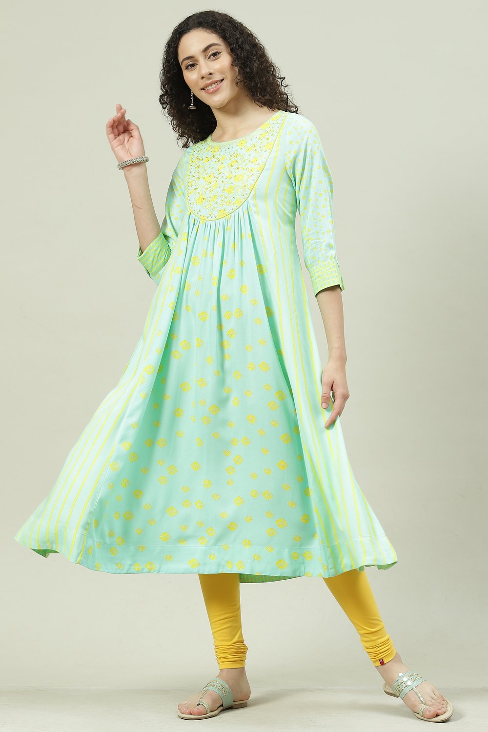 Turquoise Cotton Flared Printed Kurta image number 5