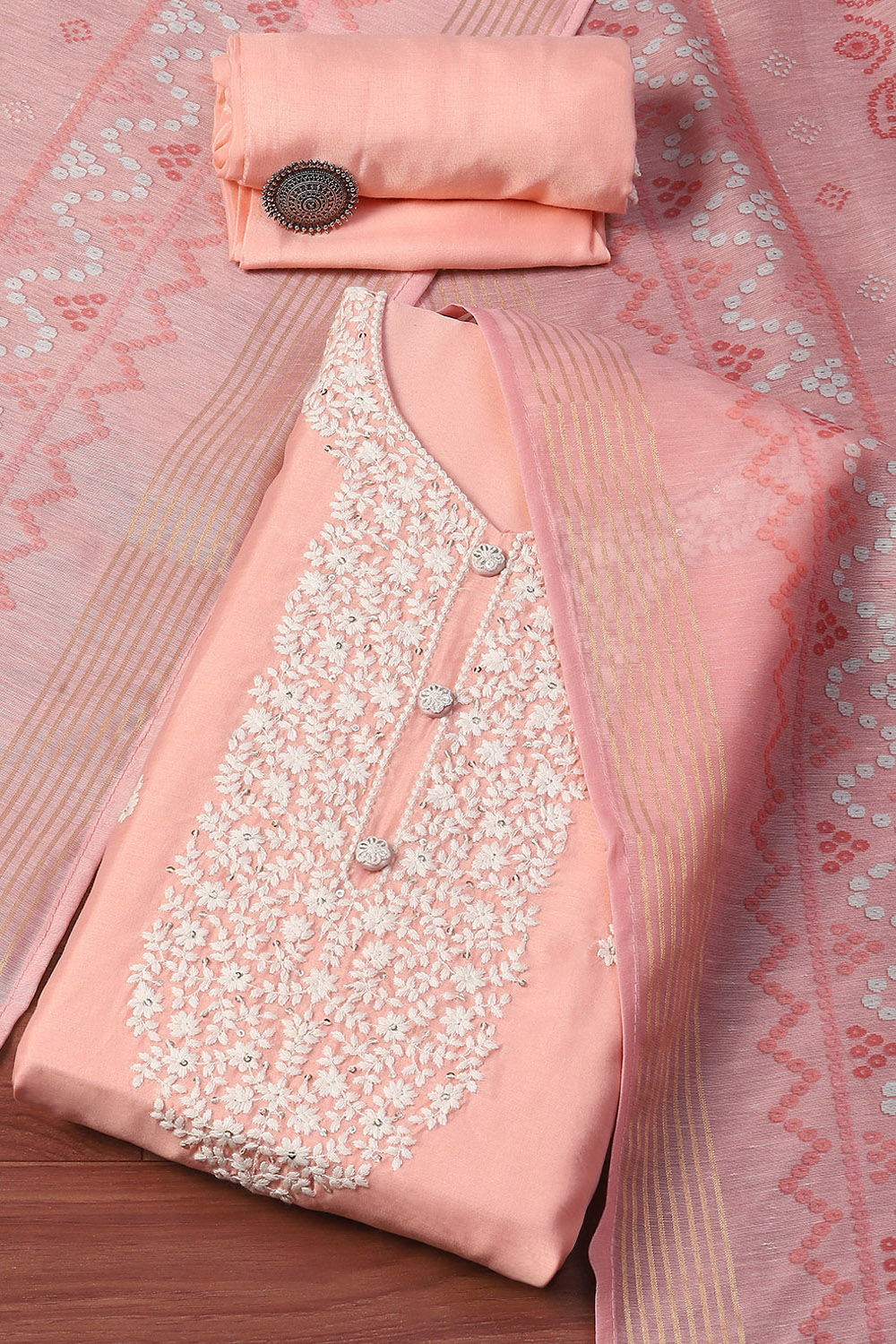 Baby Pink Chanderi Blend Unstitched Suit set image number 0