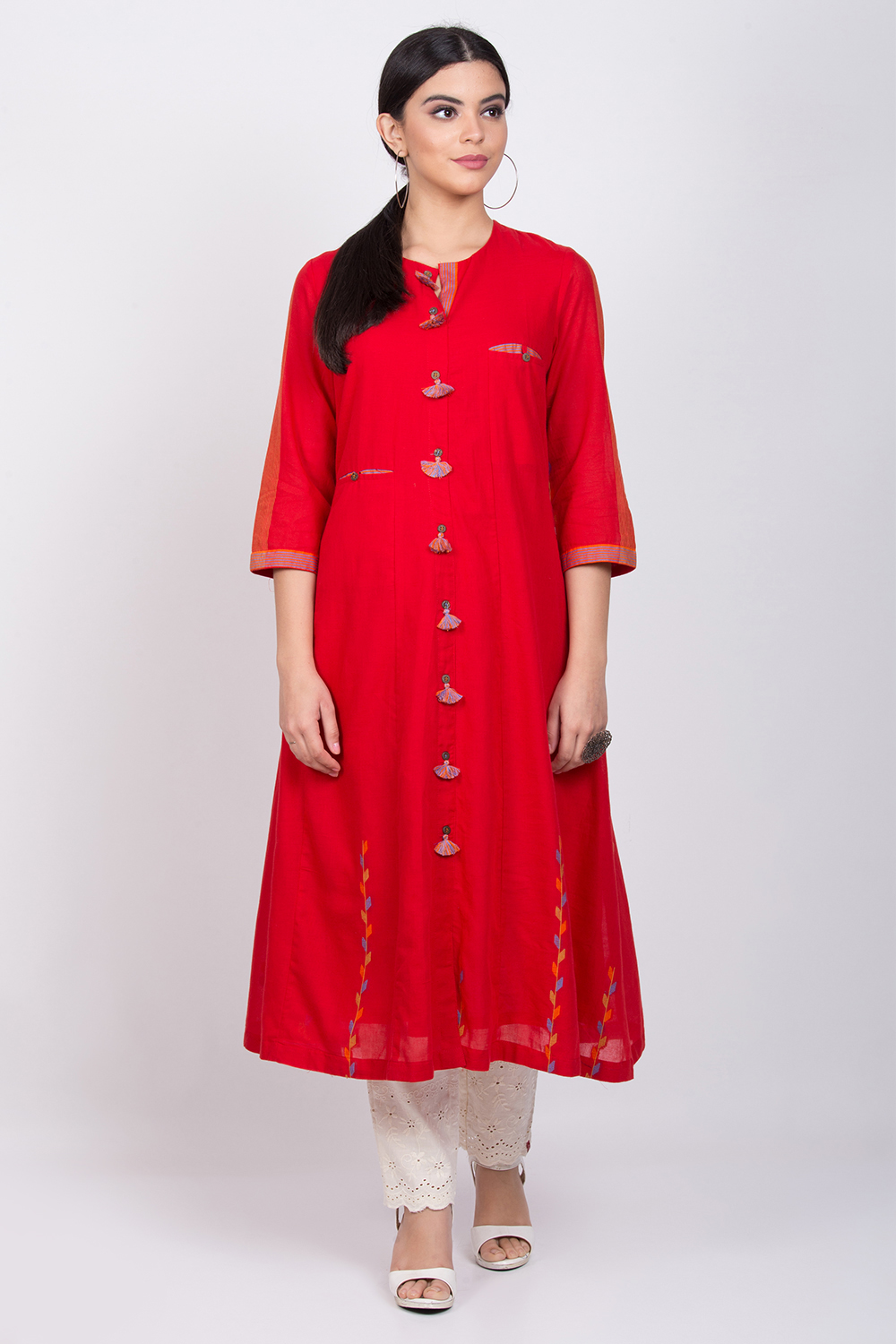 Red Cotton A-Line Yarndyed Kurta image number 0