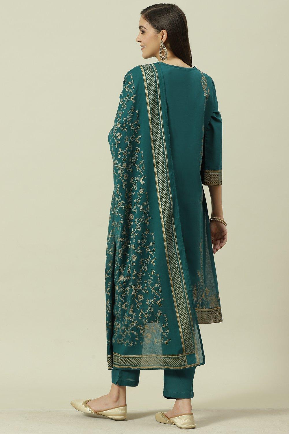 Teal Green Printed Cotton Straight Suit Set image number 4