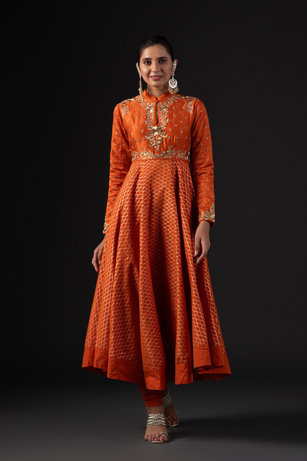 Rohit Bal Orange Cotton Silk Anarkali Printed Suit Set image number 7