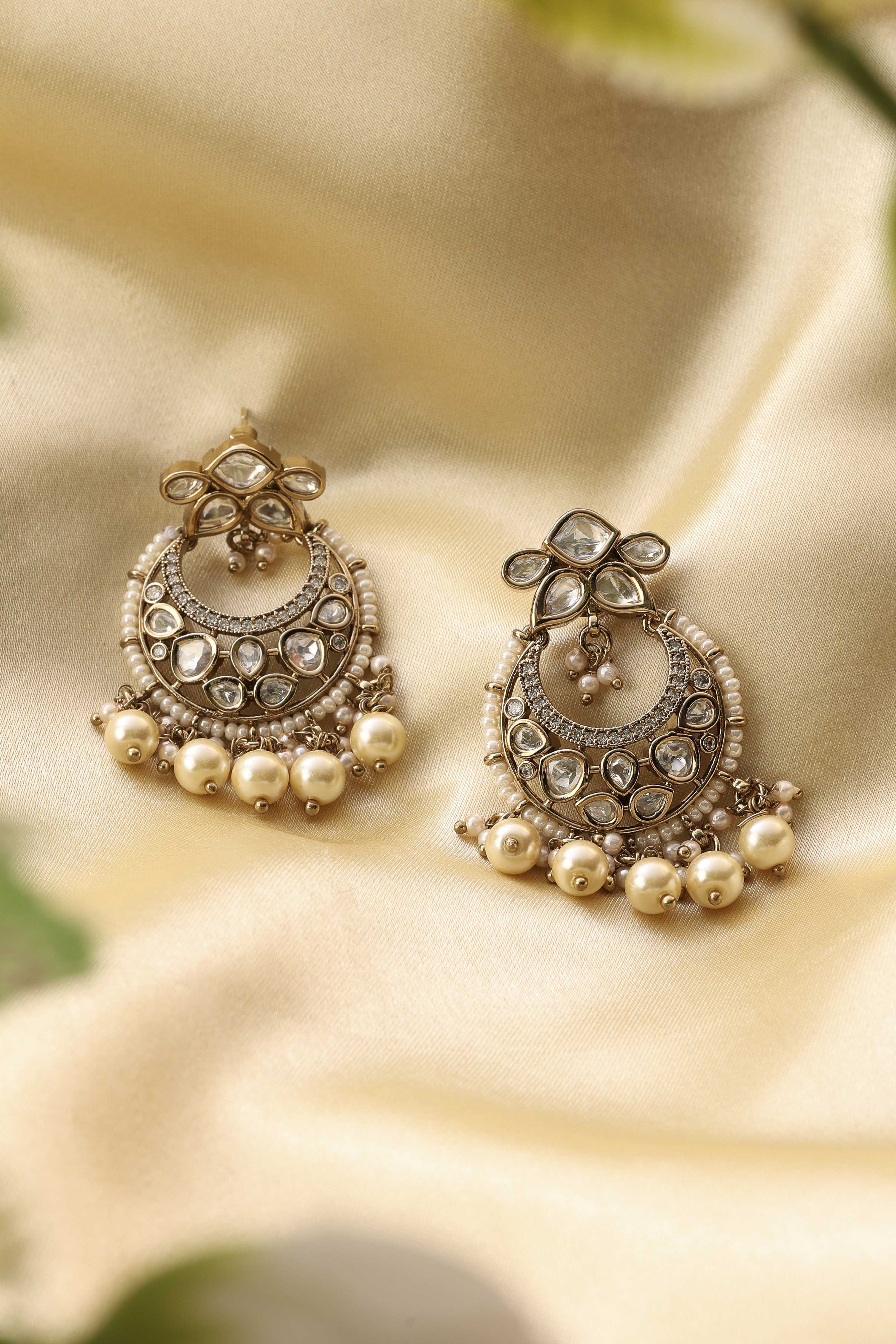 White Brass Gold-Plated Chandbali Earrings image number 0