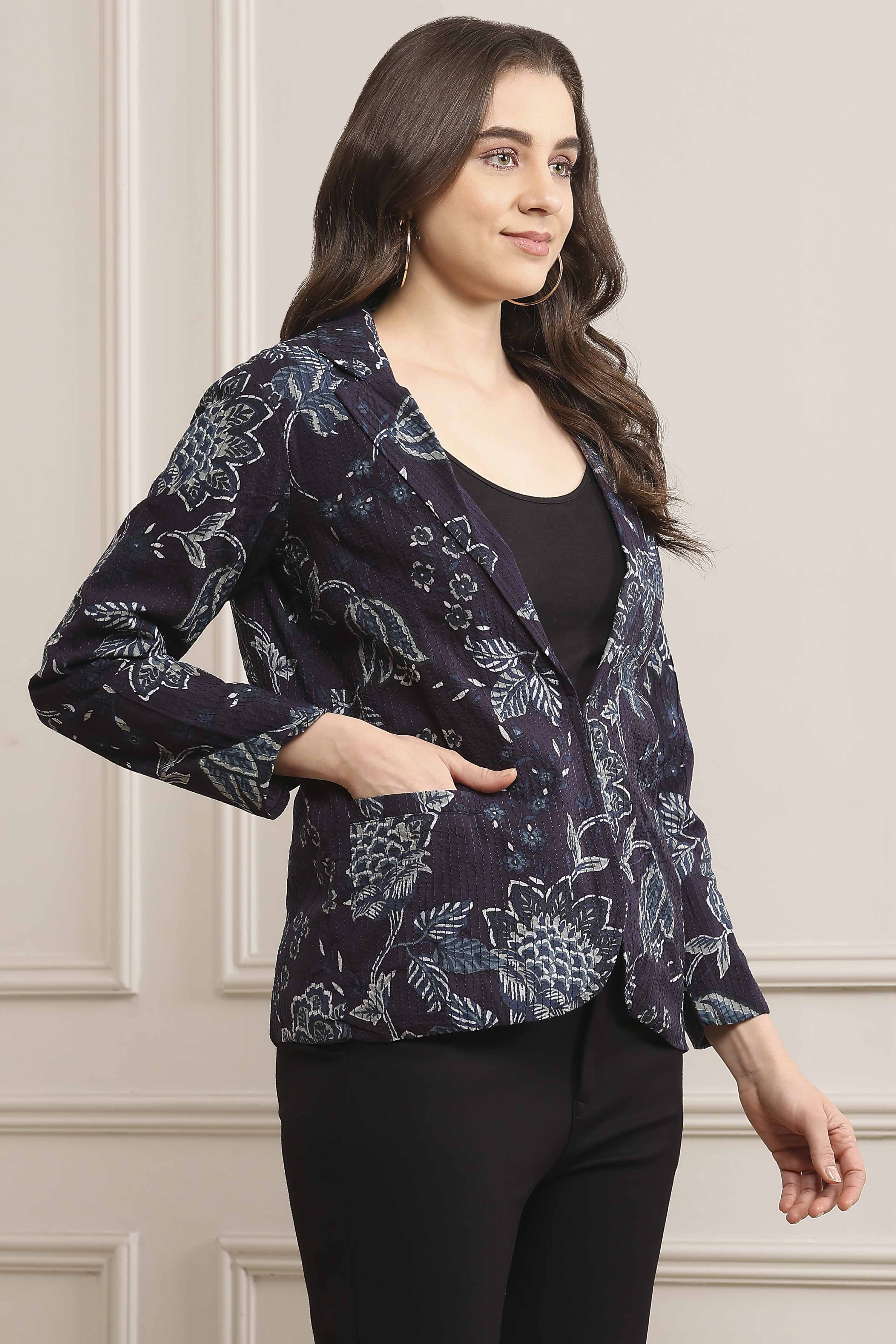 Navy Rayon Straight Printed Jacket image number 4