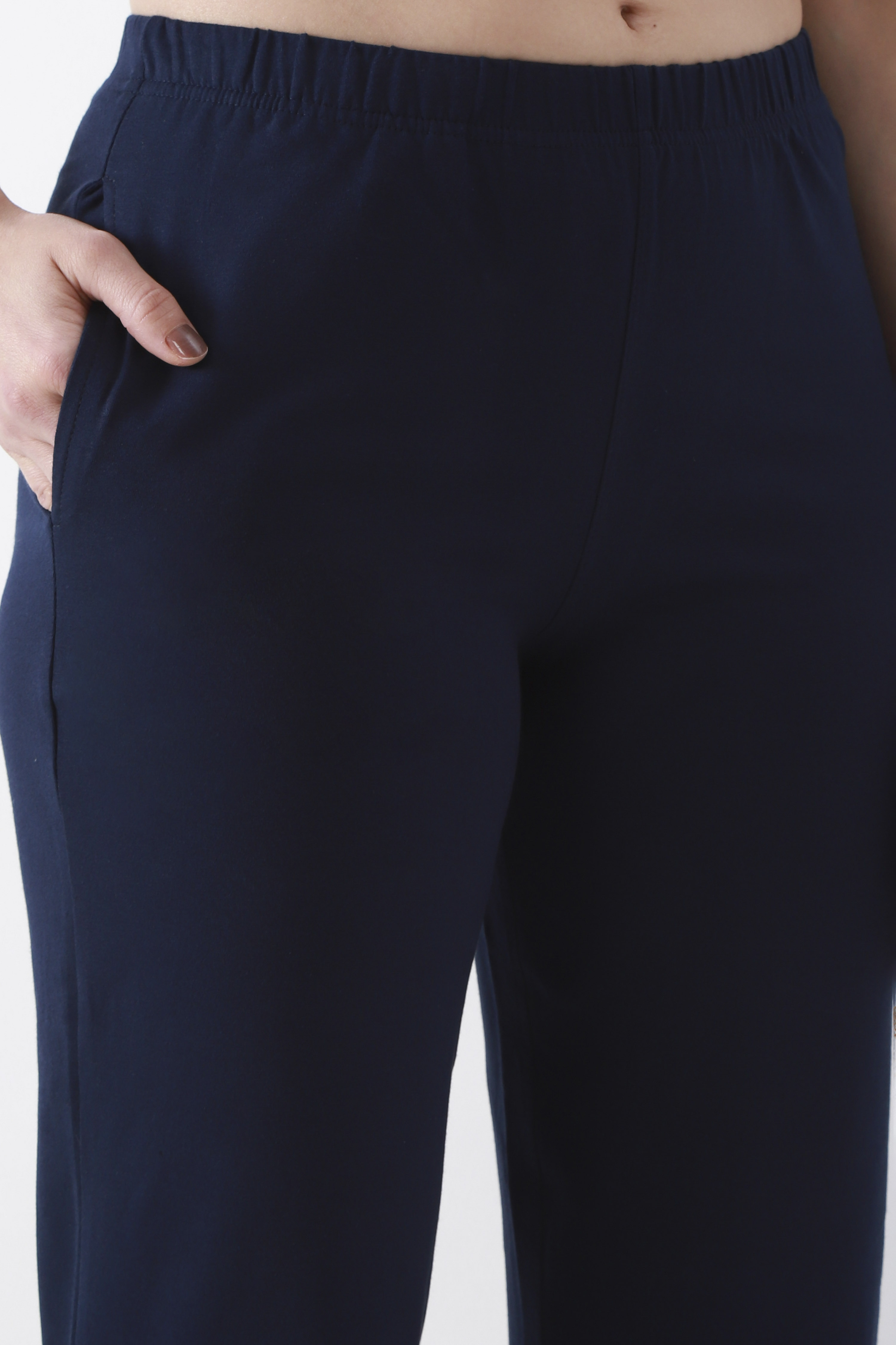Blue Cotton Lycra Straight Pants image number 1