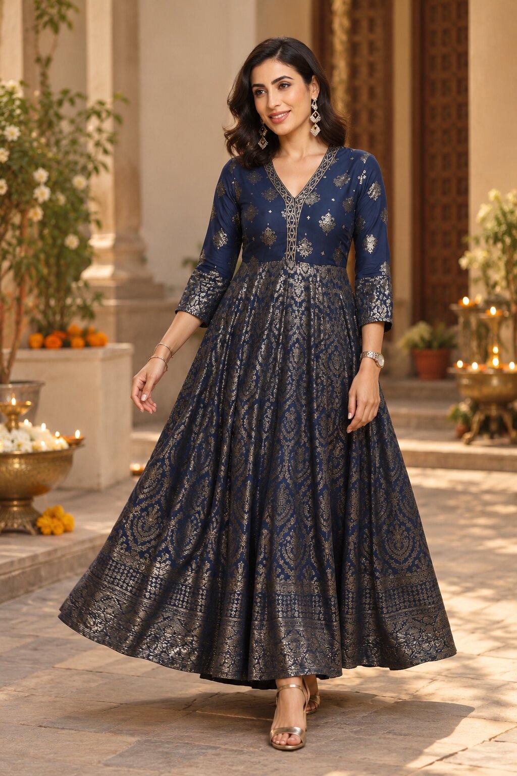 Navy Blue Liva Printed Flared Dress image number 0
