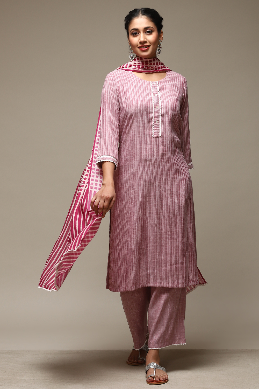 Magenta Cotton Blend Straight Kurta Palazzo Suit Set image number 7