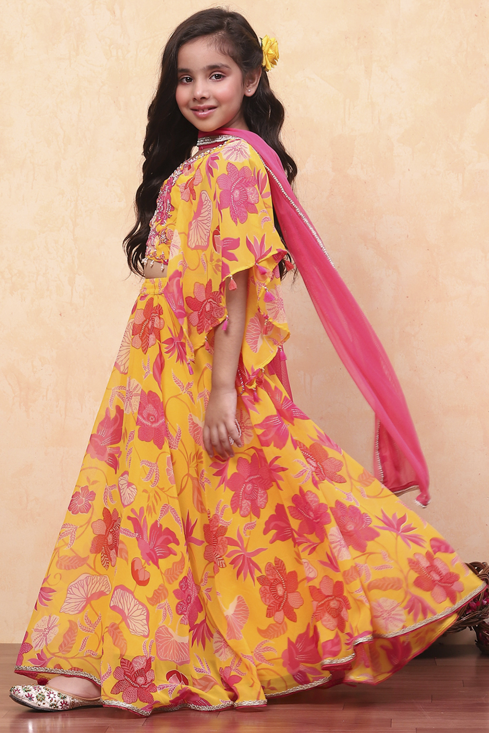 Yellow Polyester Printed Flared Lehenga Set image number 3