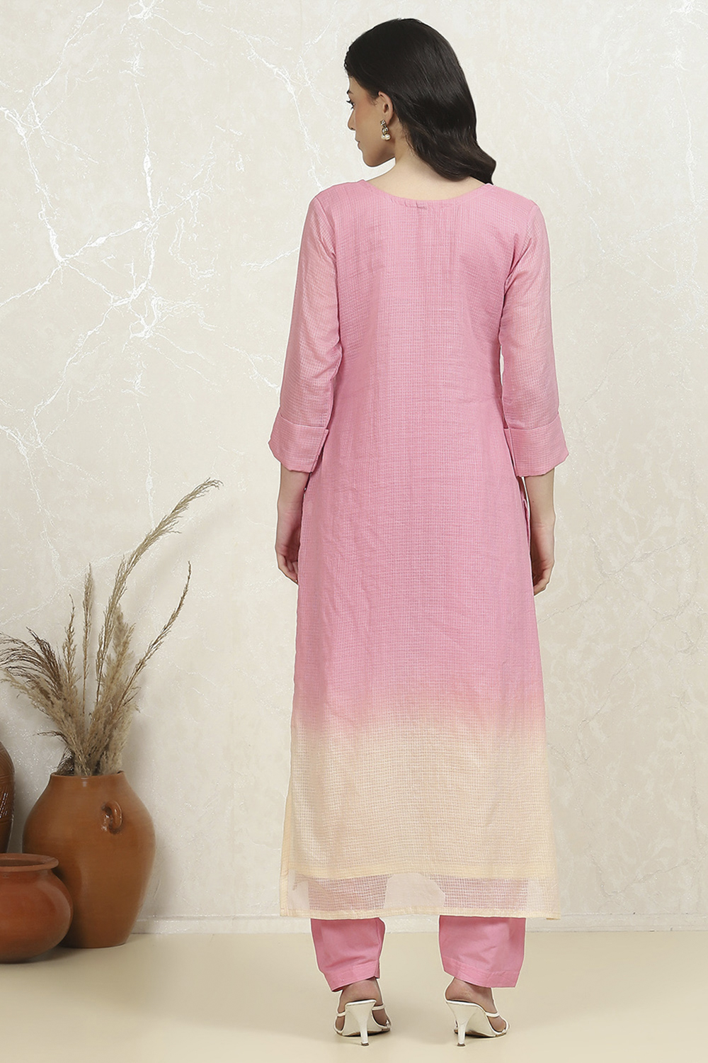 Pink Cotton Hand Embroidered Unstitched Suit Set image number 5