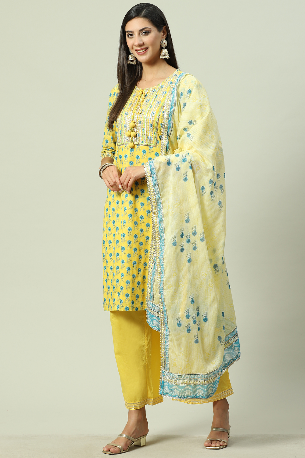 Teal Cotton Straight Kurta Palazzo Suit Set image number 5