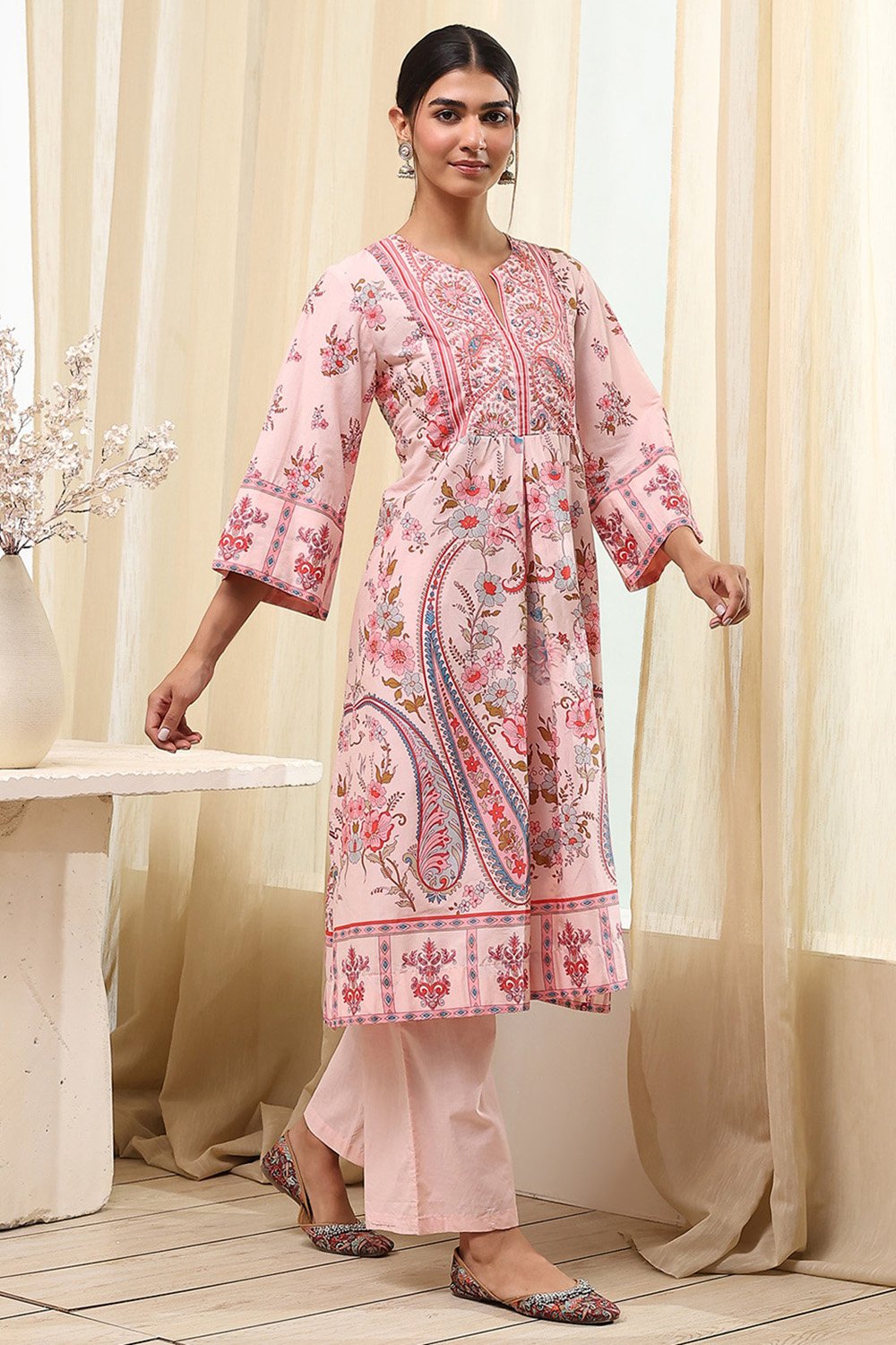 Peach-Colored Cotton Floral A-Line Kurta Set image number 5
