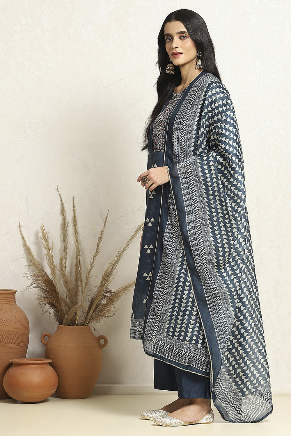 Blue Chanderi Geometric Printed Unstitched Suit Set image number 4