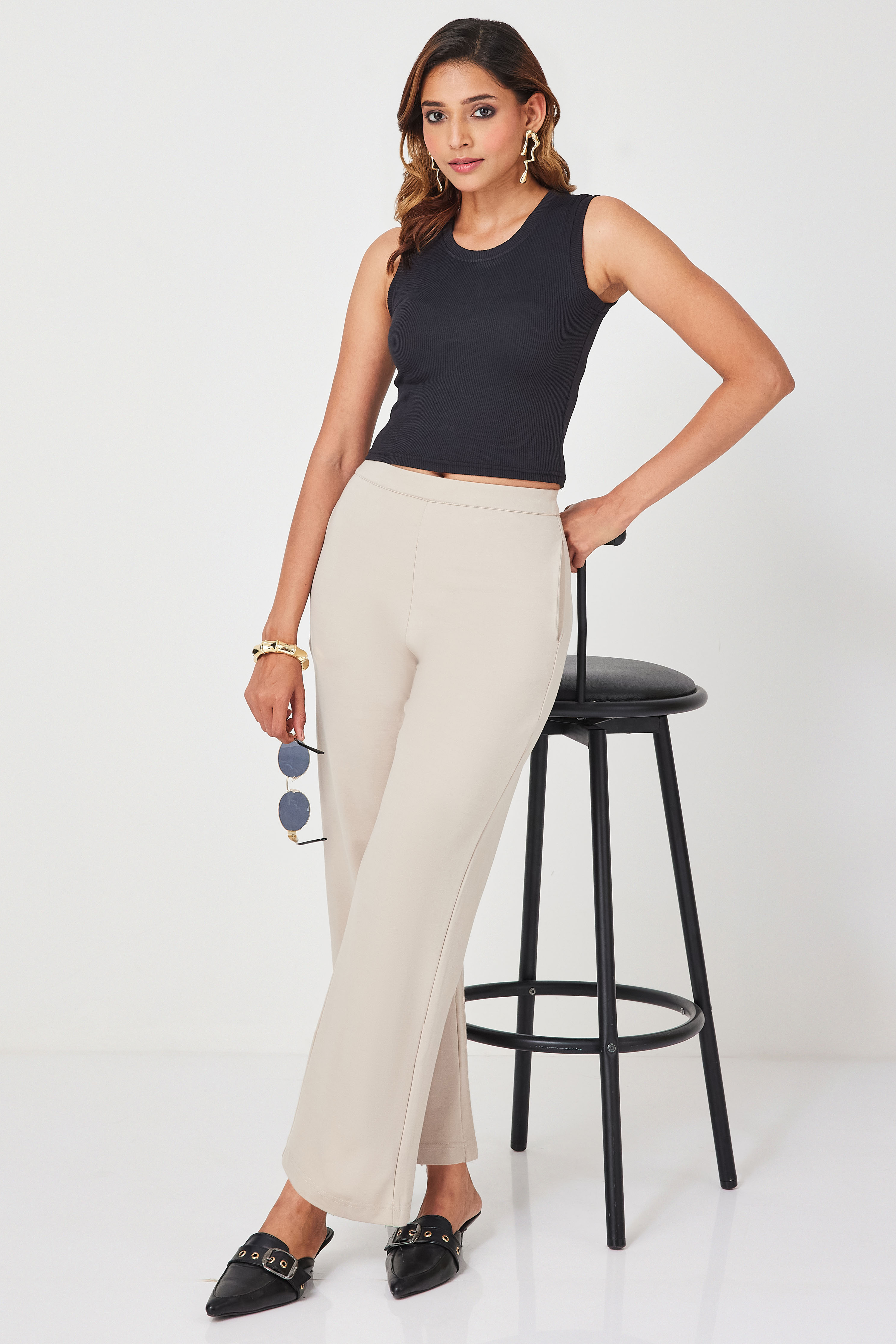 Beige Viscose Rayon Relaxed Pants image number 0