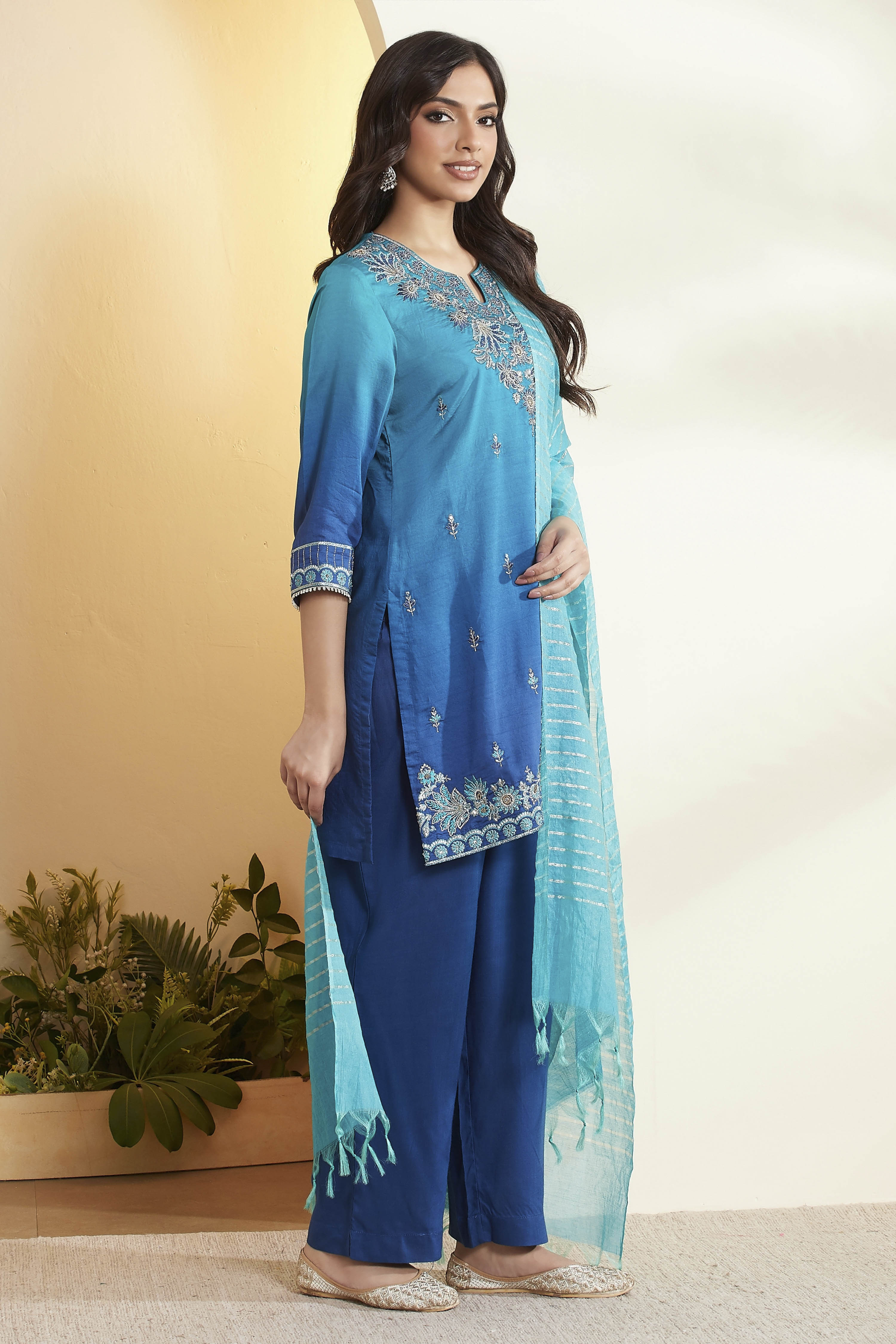 Blue Viscose Rayon Embroidered Straight Kurta Set image number 5