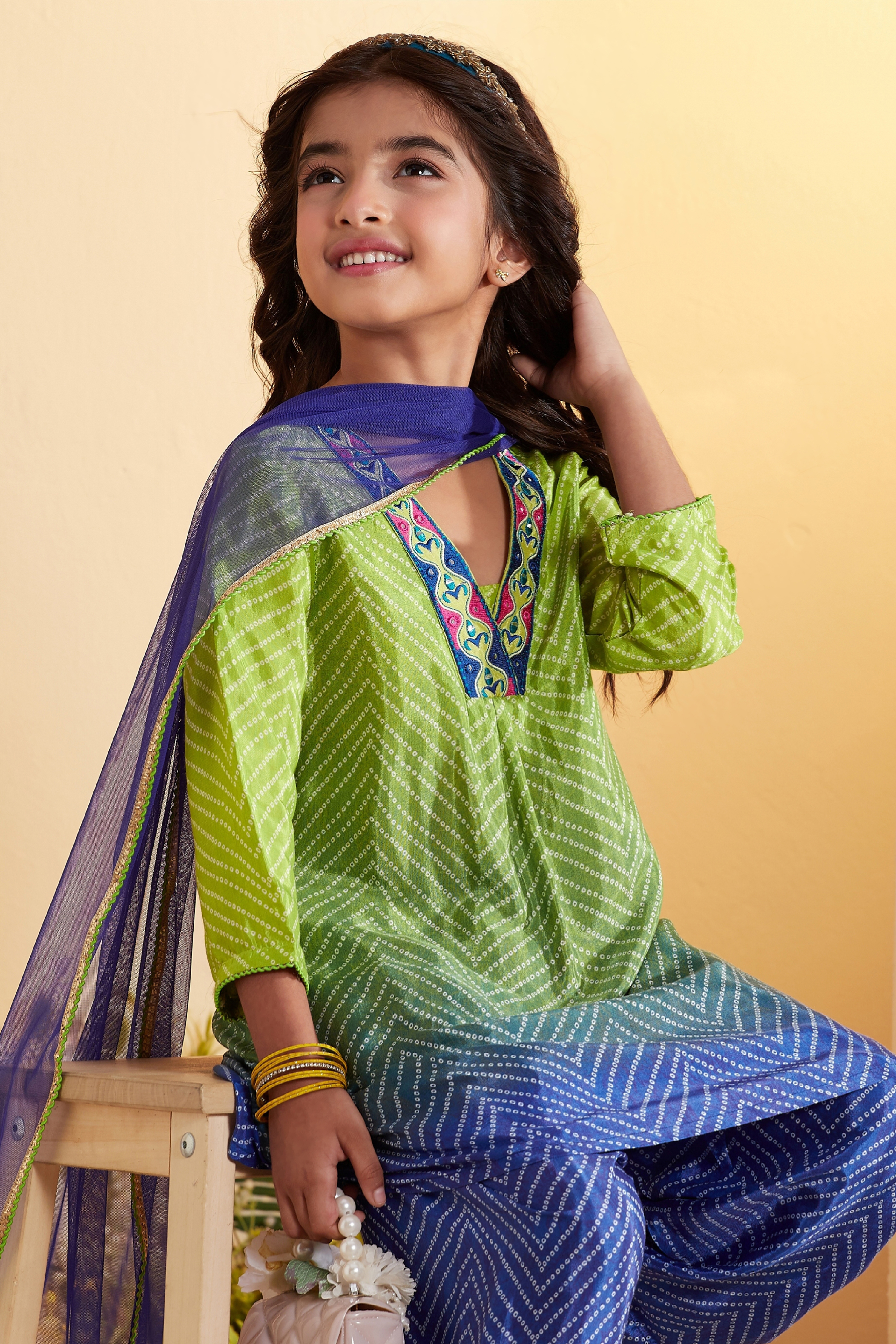 Green Viscose Rayon Ombre Bandhani Printed Kurta Set image number 1