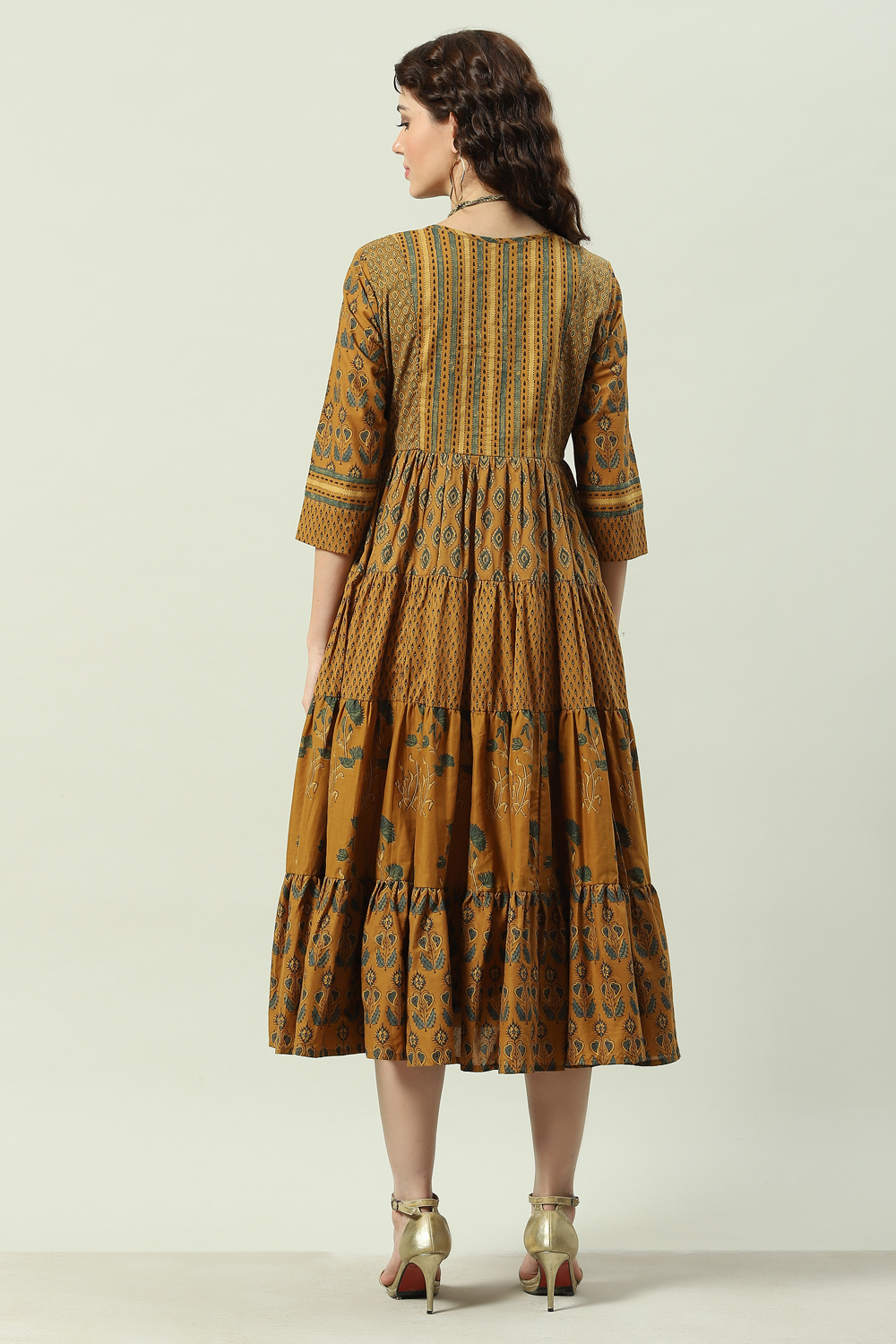 Ochre Cotton Flared Fusion Printed Dress image number 4