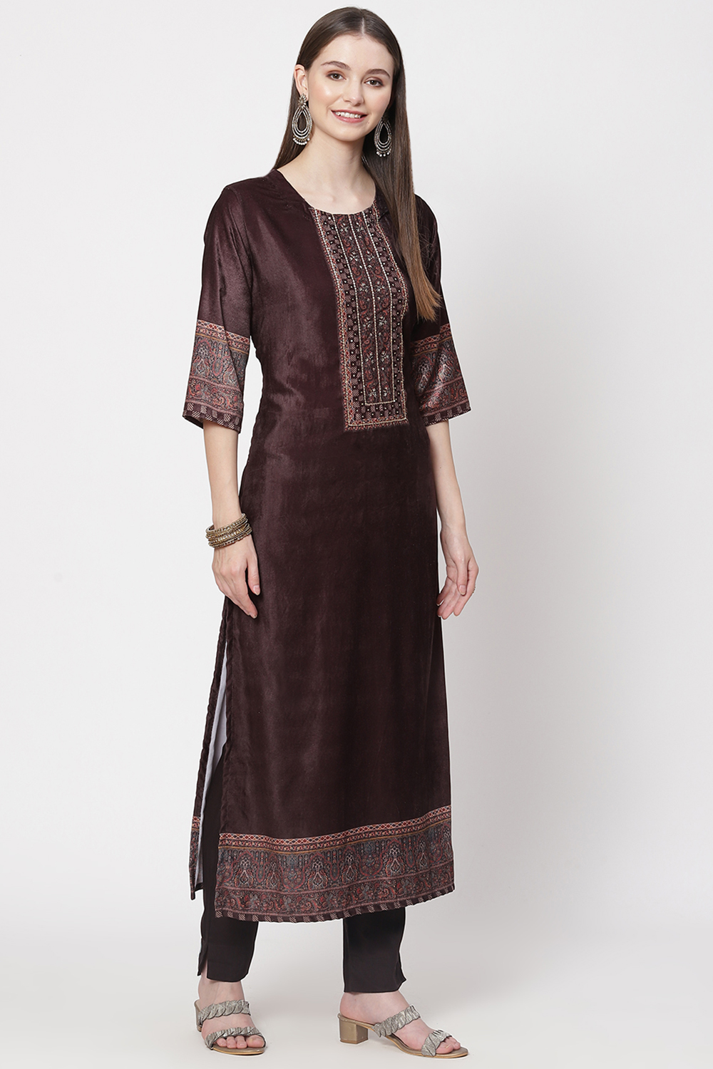 Multicolour Velvet Unstitched Suit Set image number 5