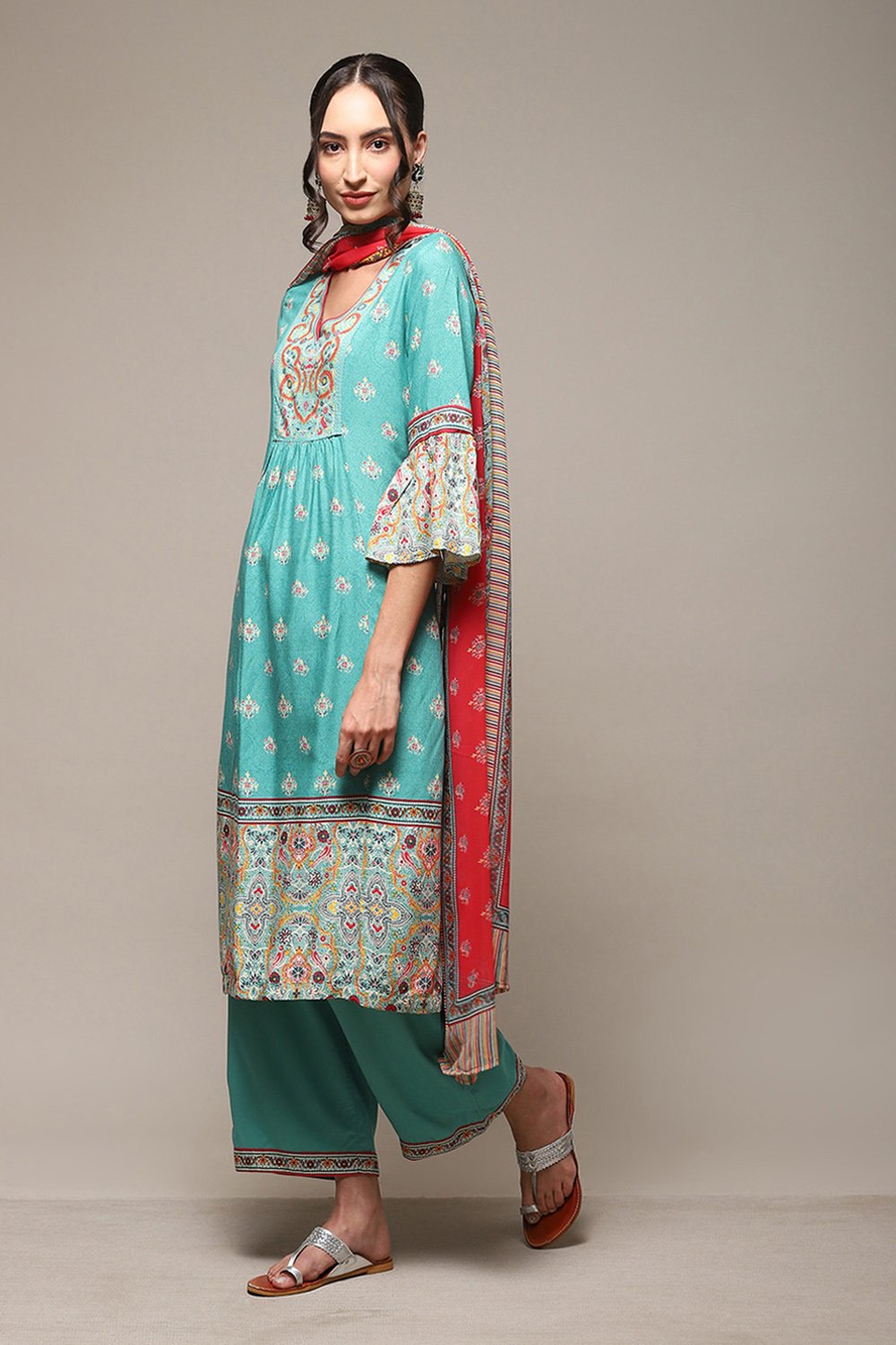 Sea Green LIVA Gathered Kurta Palazzo Suit Set image number 5