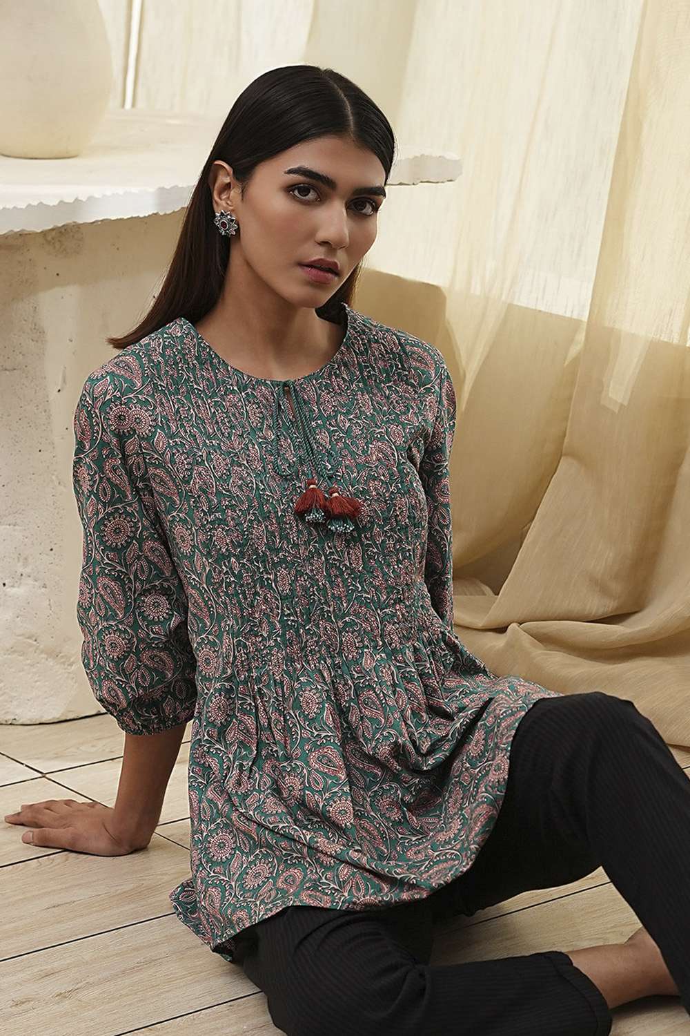 Teal Green Cotton Pleated A-Line Short Kurta image number 6