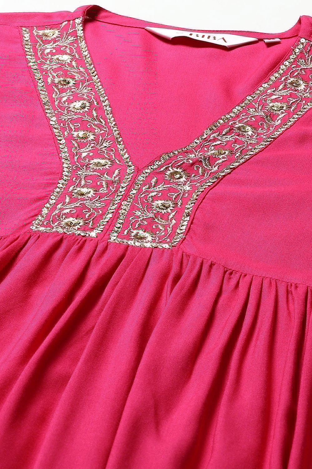Fuchsia LIVA Gathered Kurta Palazzo Suit Set image number 1