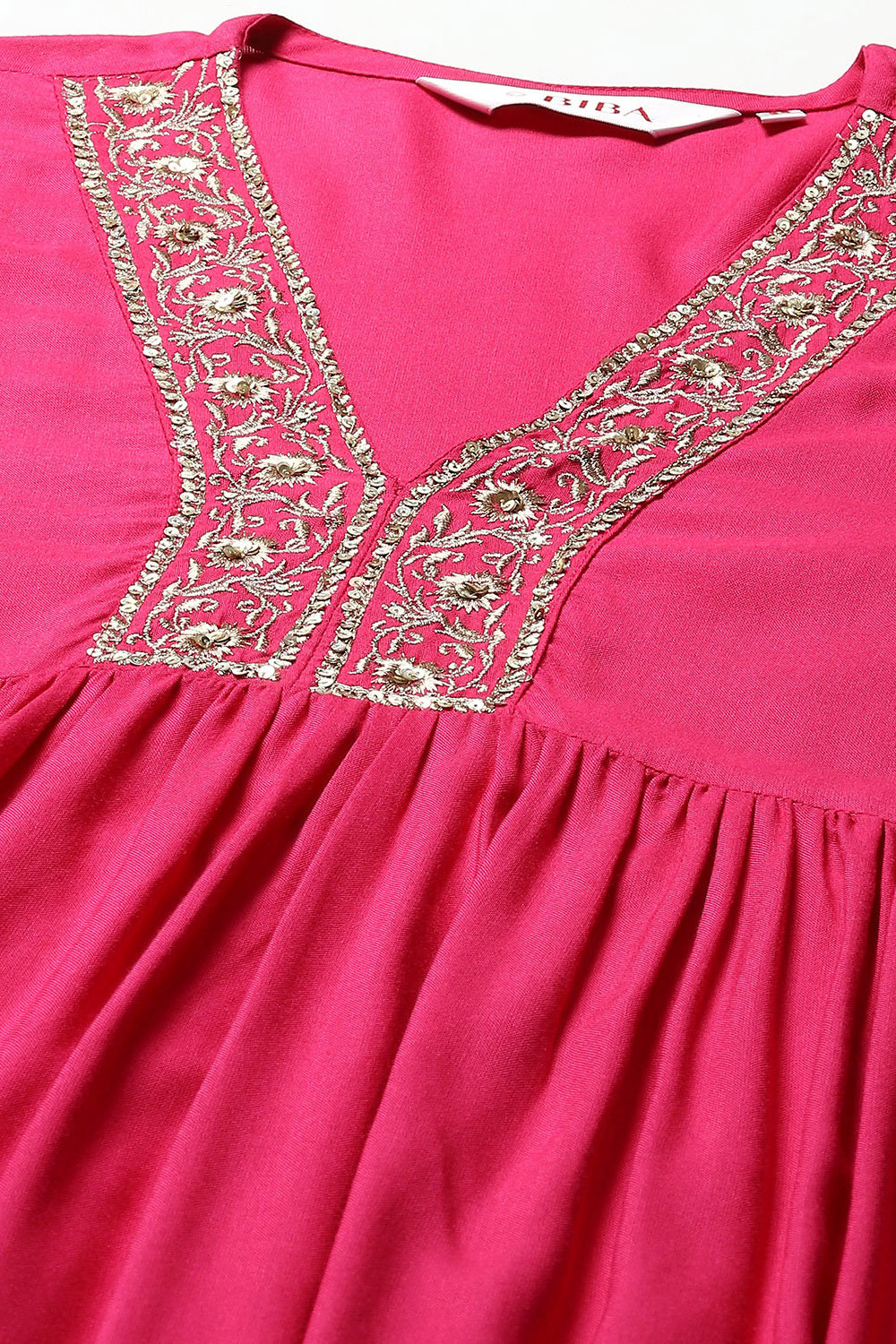 Fuchsia LIVA Gathered Kurta Palazzo Suit Set image number 1