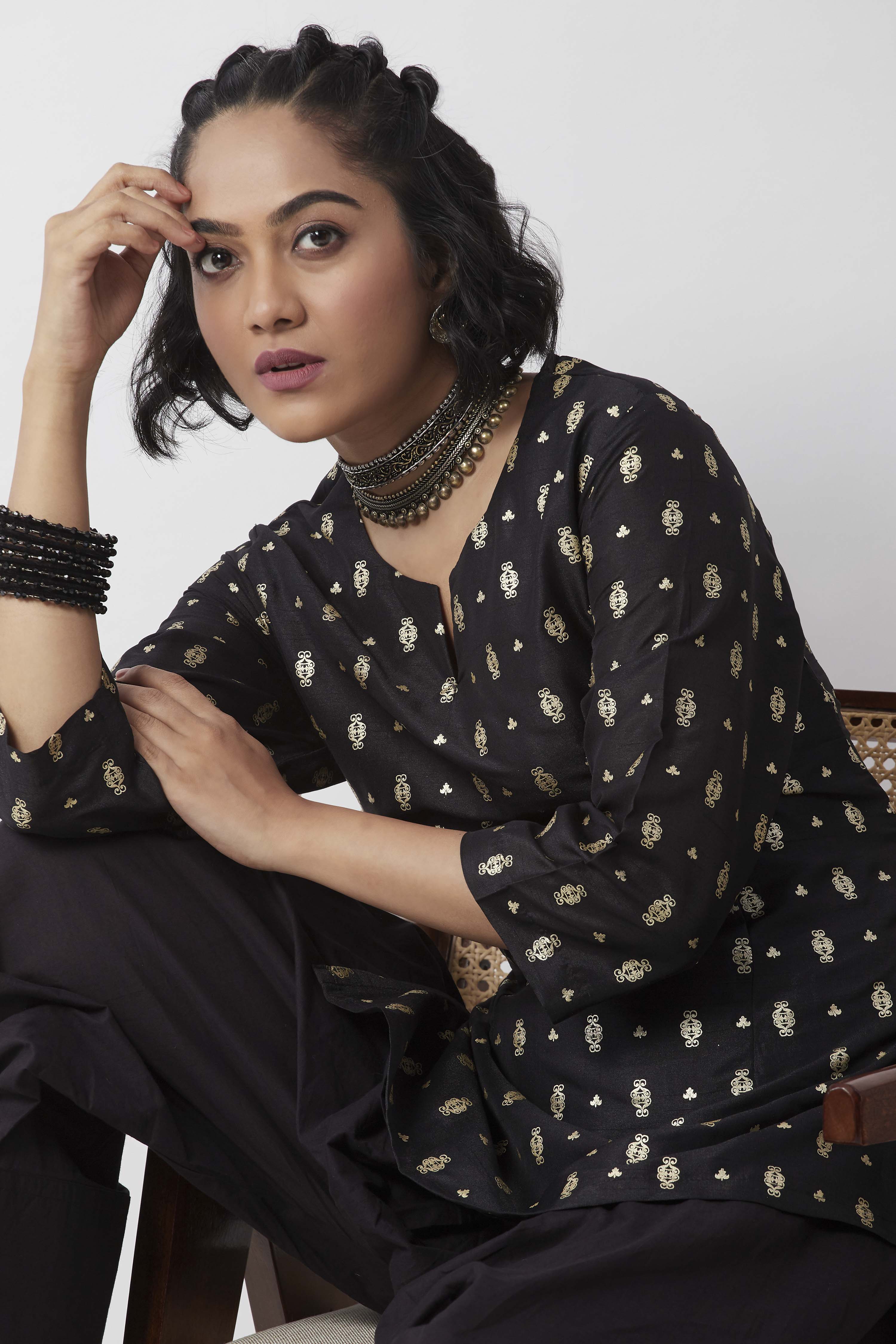Black Cotton Gold Motif Printed Short Kurti image number 1