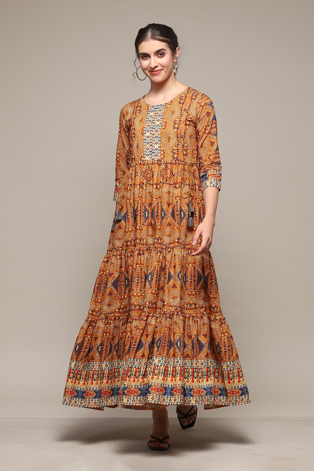 Buy Mustard Cotton Tiered Dress for INR2159.40 |Biba India