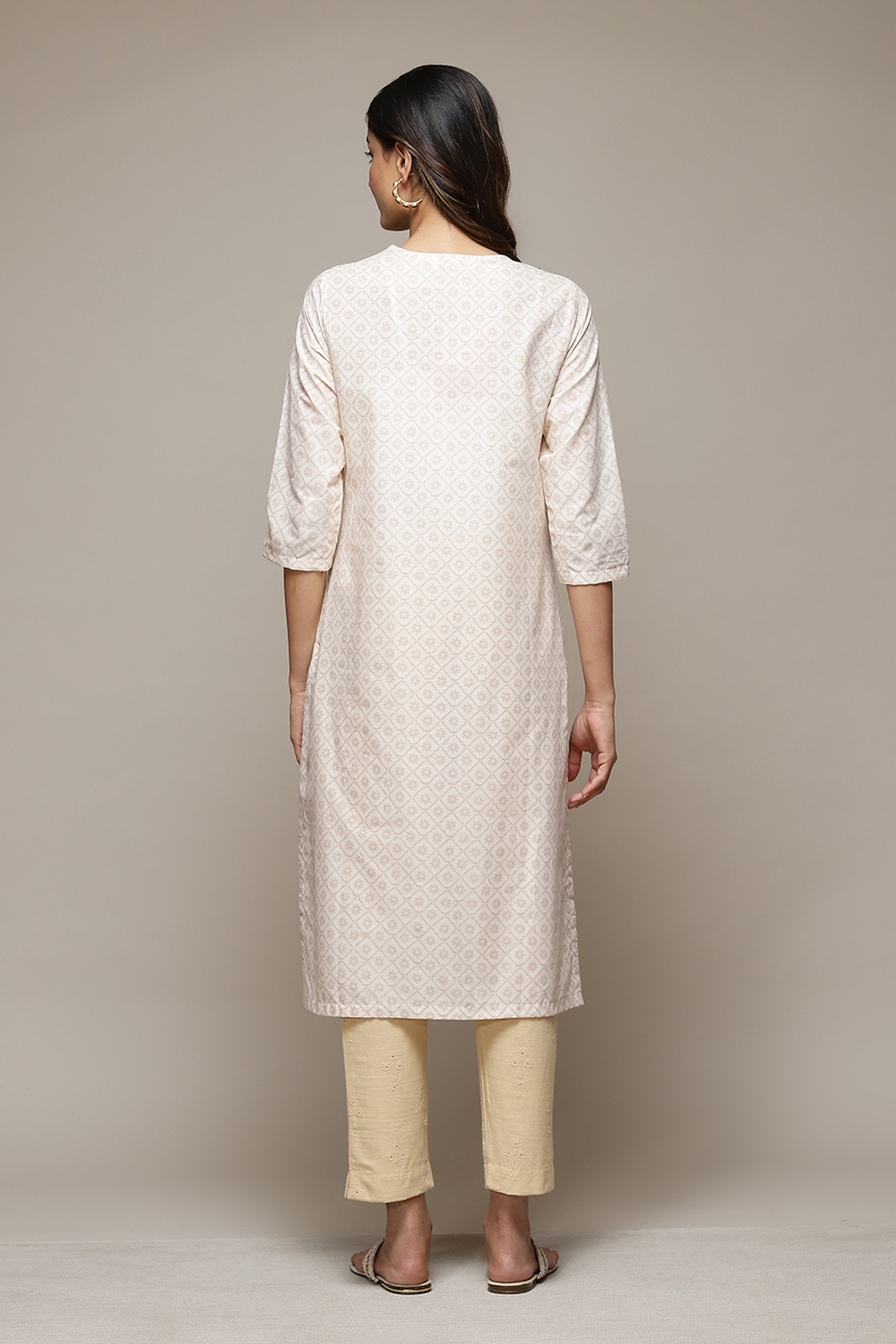 Cream Cotton Straight Printed Kurta image number 3