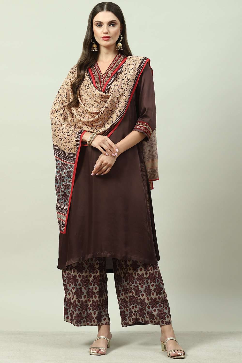 Brown Viscose Straight Kurta Palazzo Suit Set image number 0