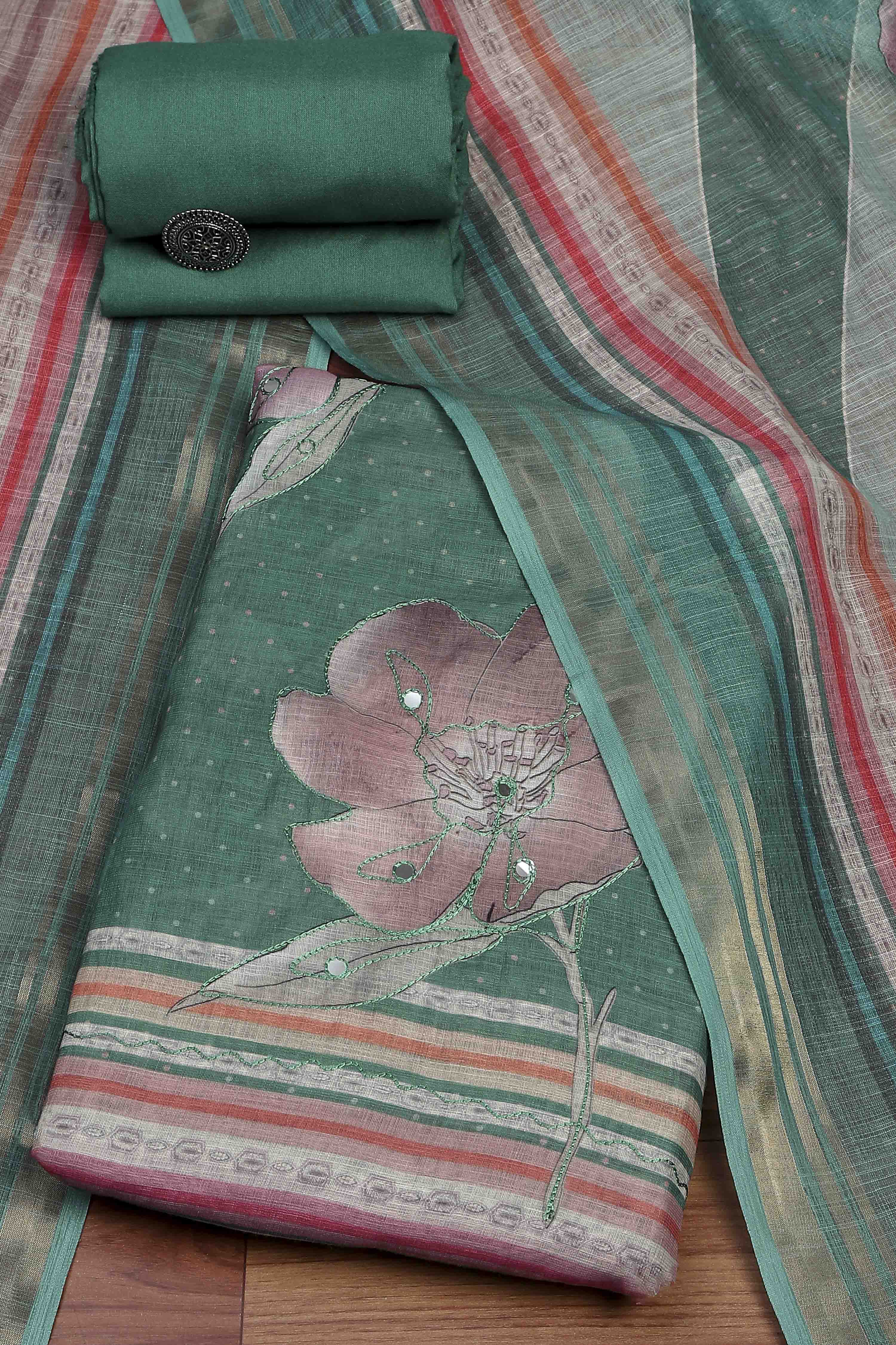 Green Linen Unstitched Suit Set image number 0