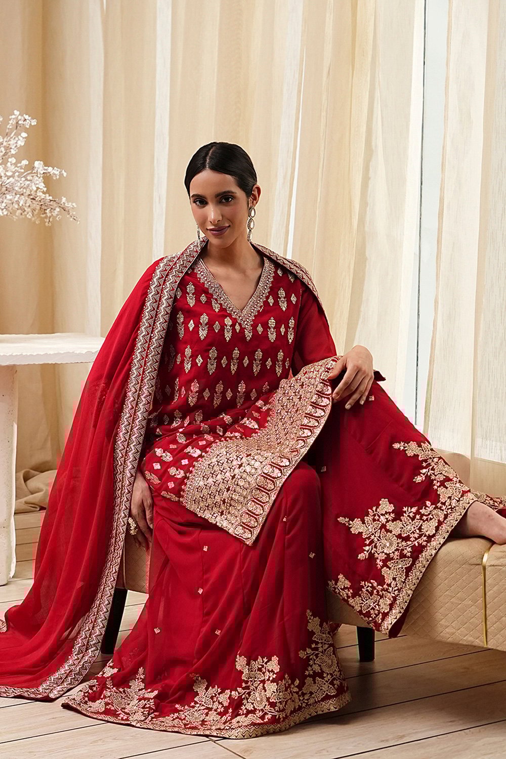 Red Embroidered Straight Suit Set image number 0