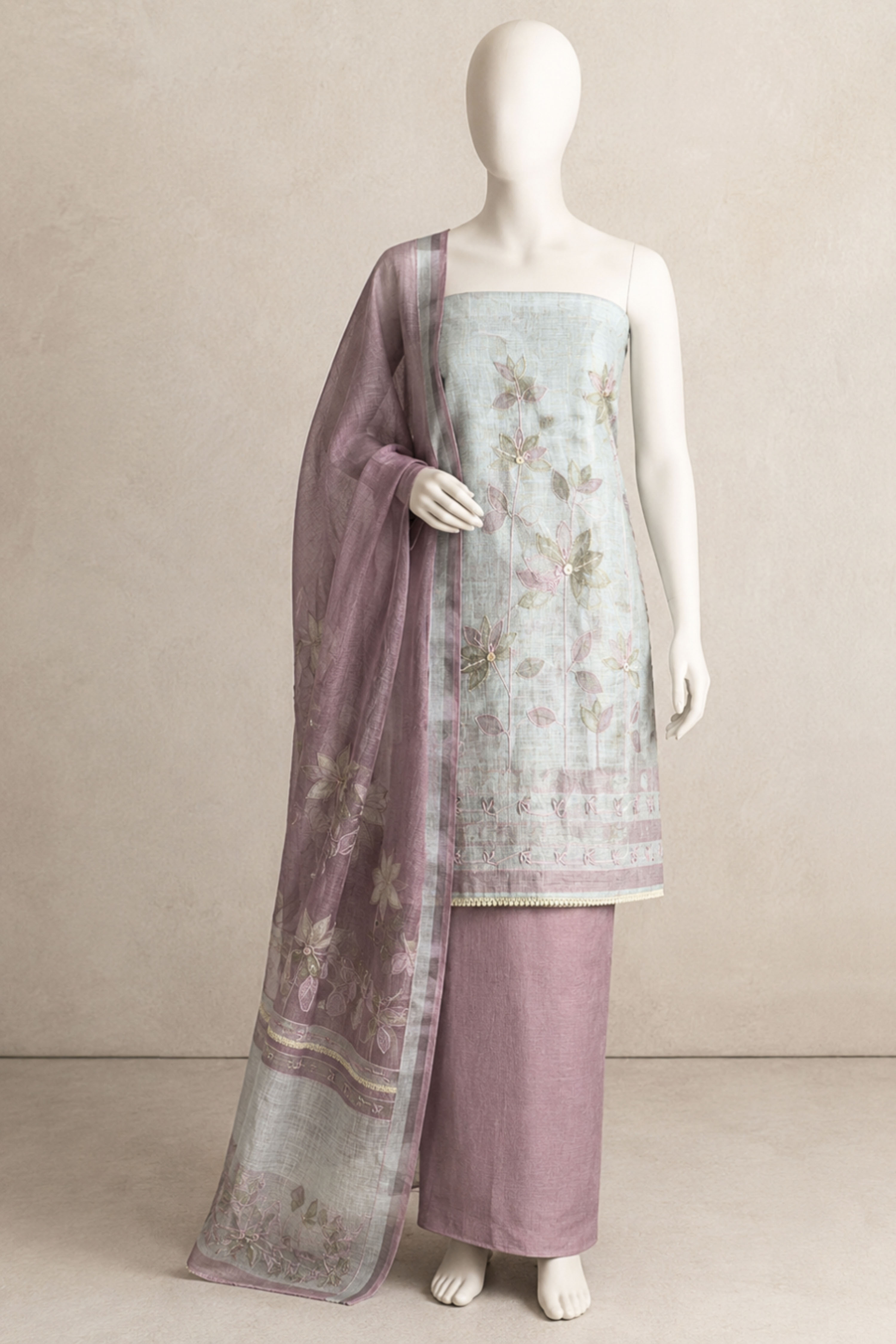 Peach Linen Printed Unstitched Suit Set image number 5