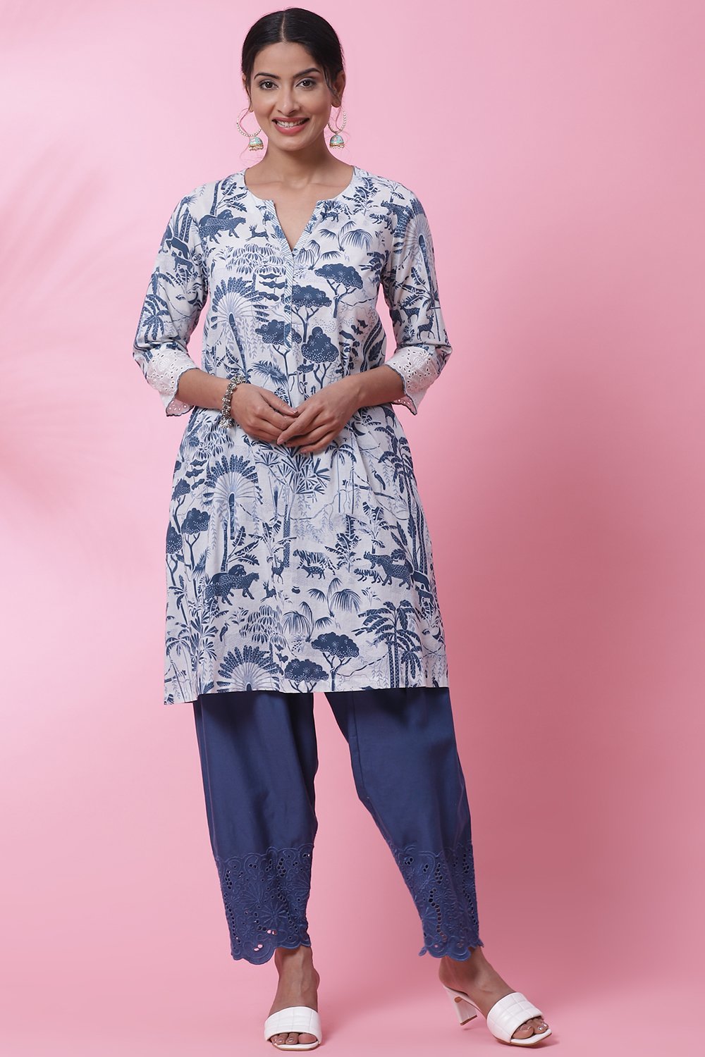 White And Blue Cotton A-Line Kurta Salwar Pant Suit Set image number 0