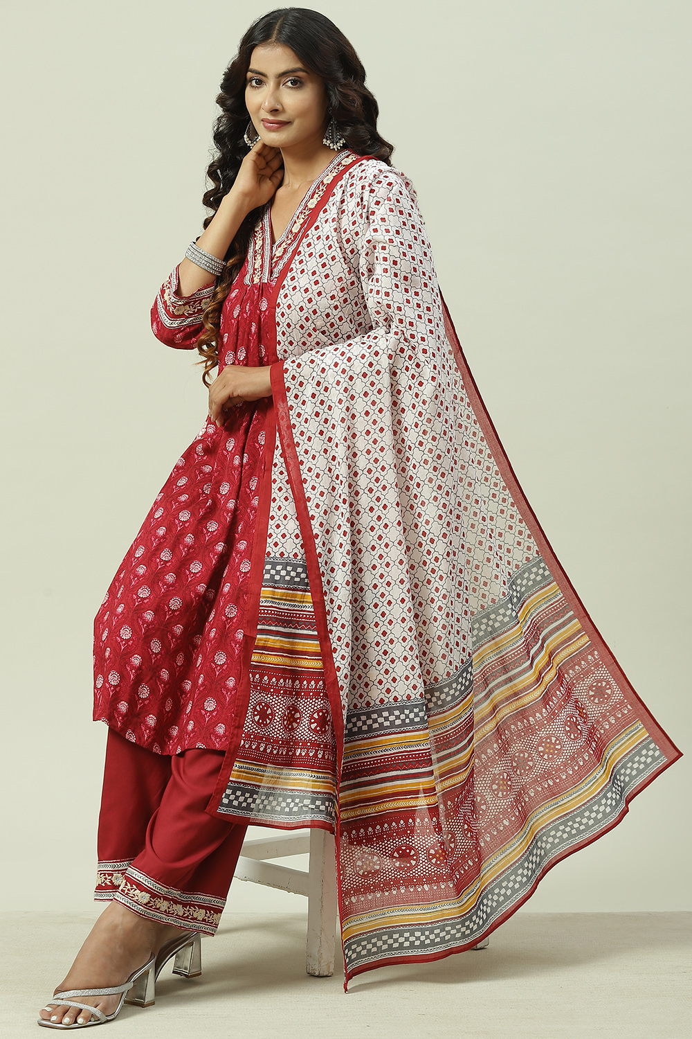 Red LIVA A-Line Kurta Palazzo Suit Set image number 0