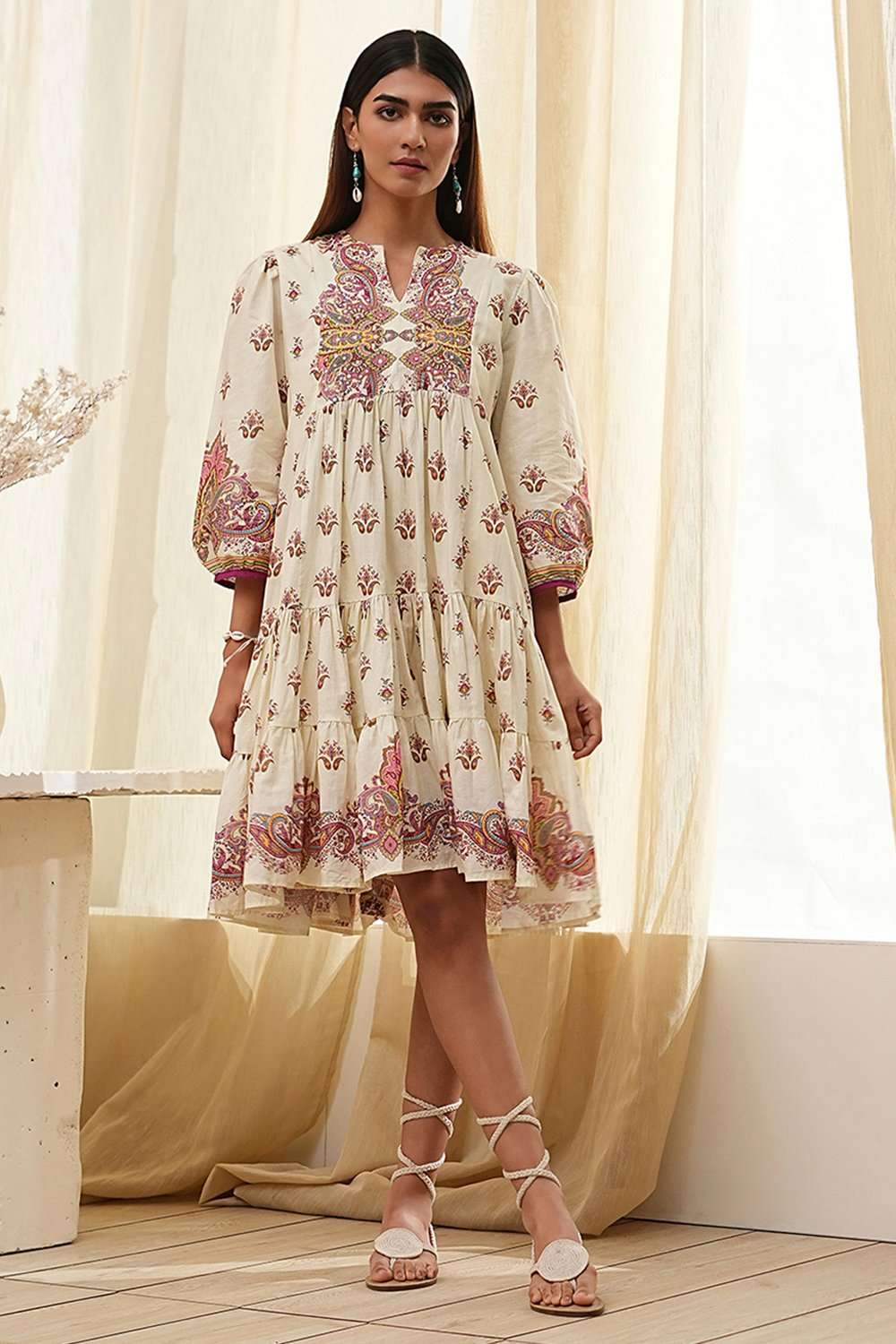 Beige Cotton Printed Tiered Dress image number 5