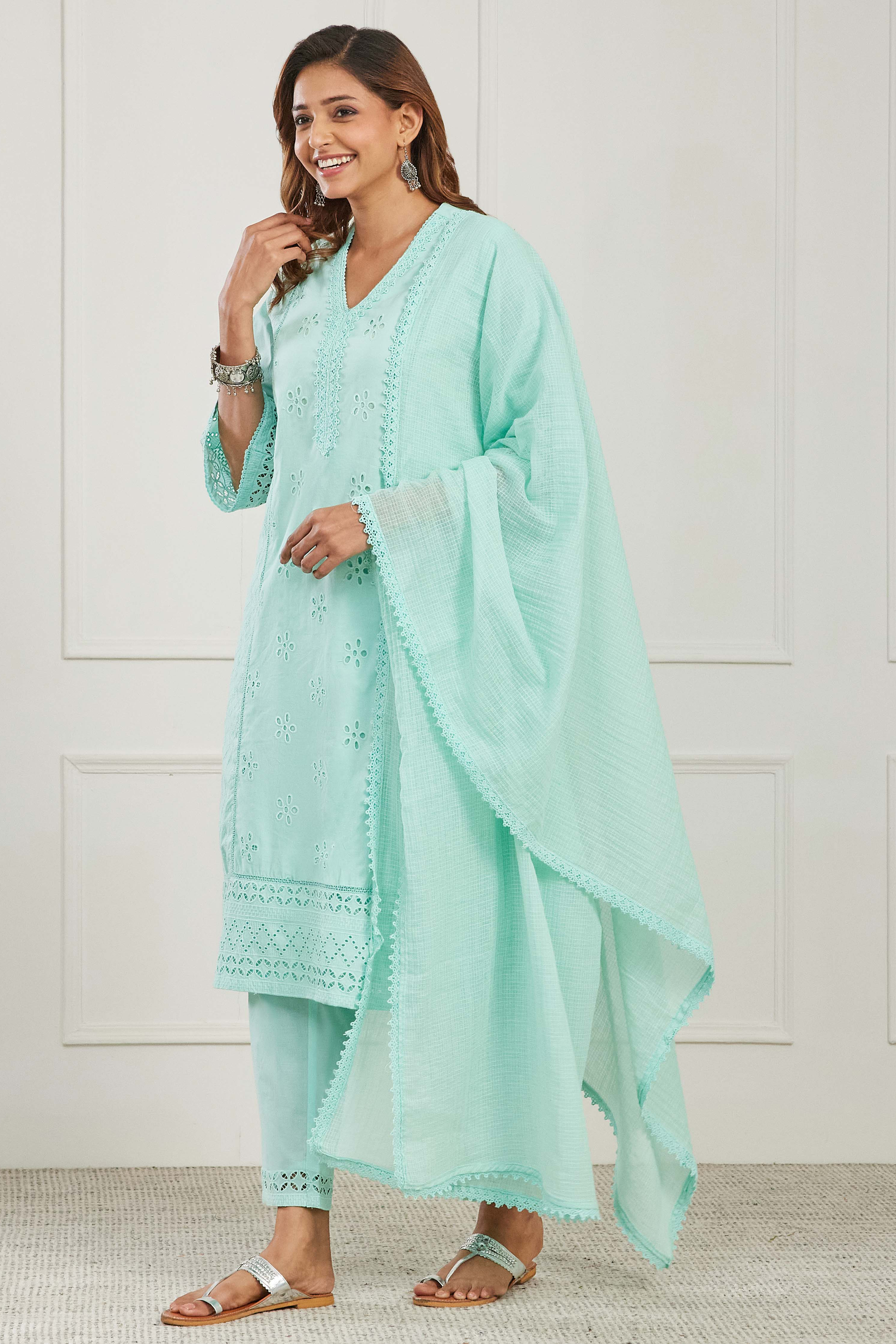 Blue Cotton Straight Suit Set image number 4