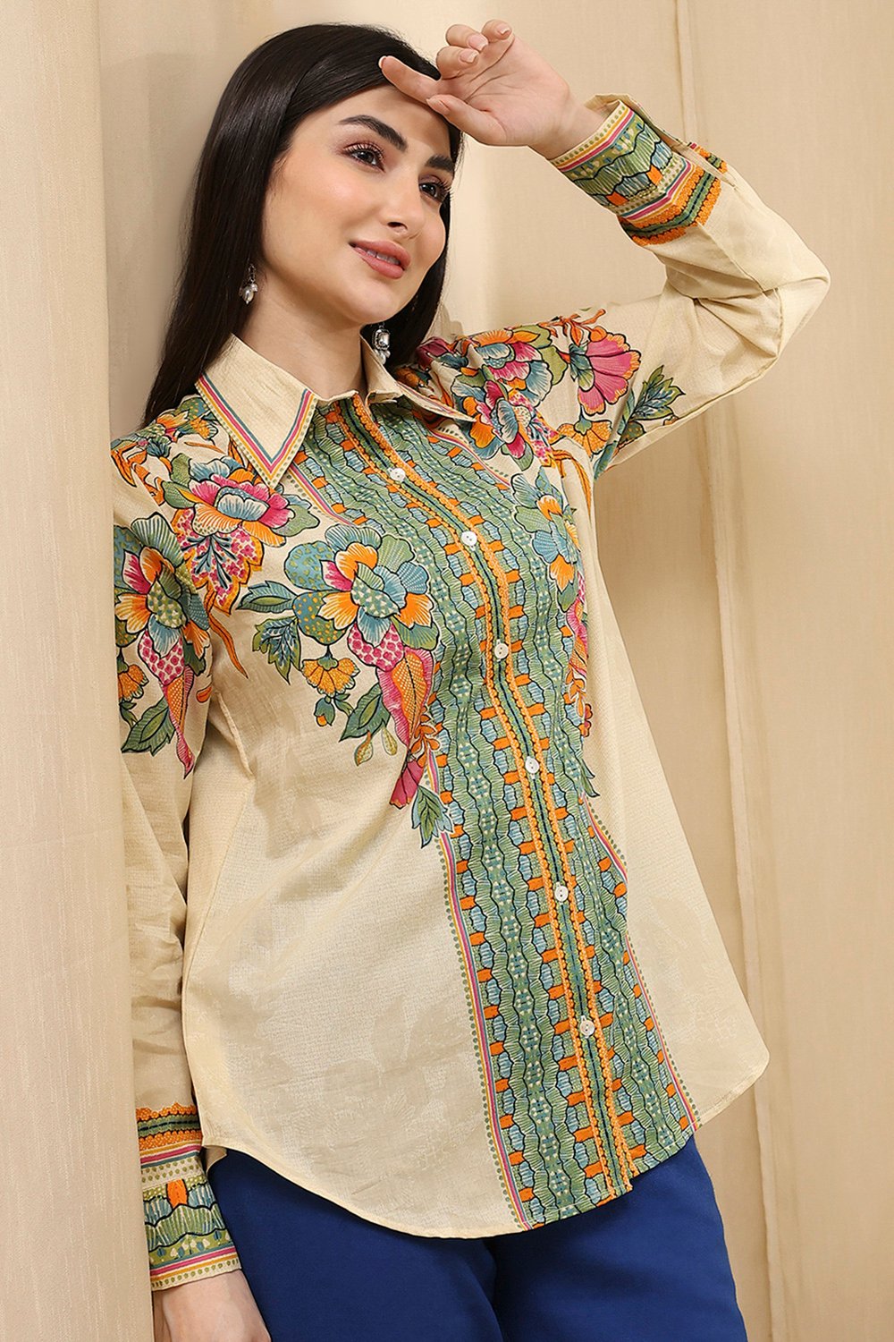 Beige Cotton Floral Printed Shirt image number 0