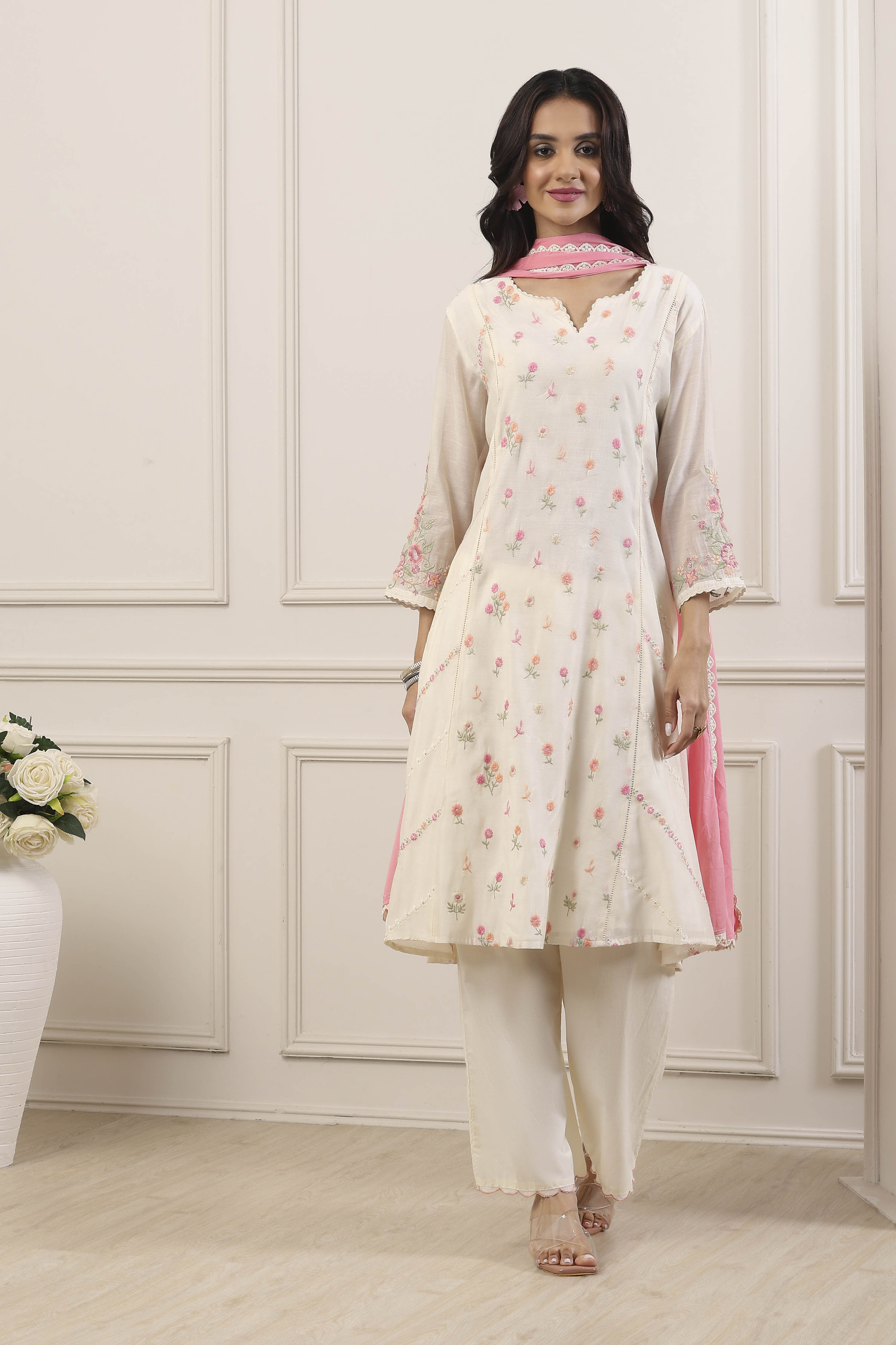 White Poly Chanderi Kalidar Suit Set image number 6