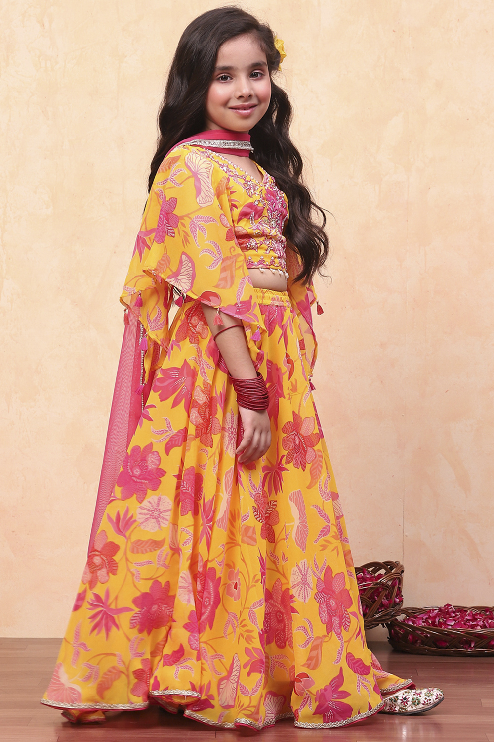 Yellow Polyester Printed Flared Lehenga Set image number 5