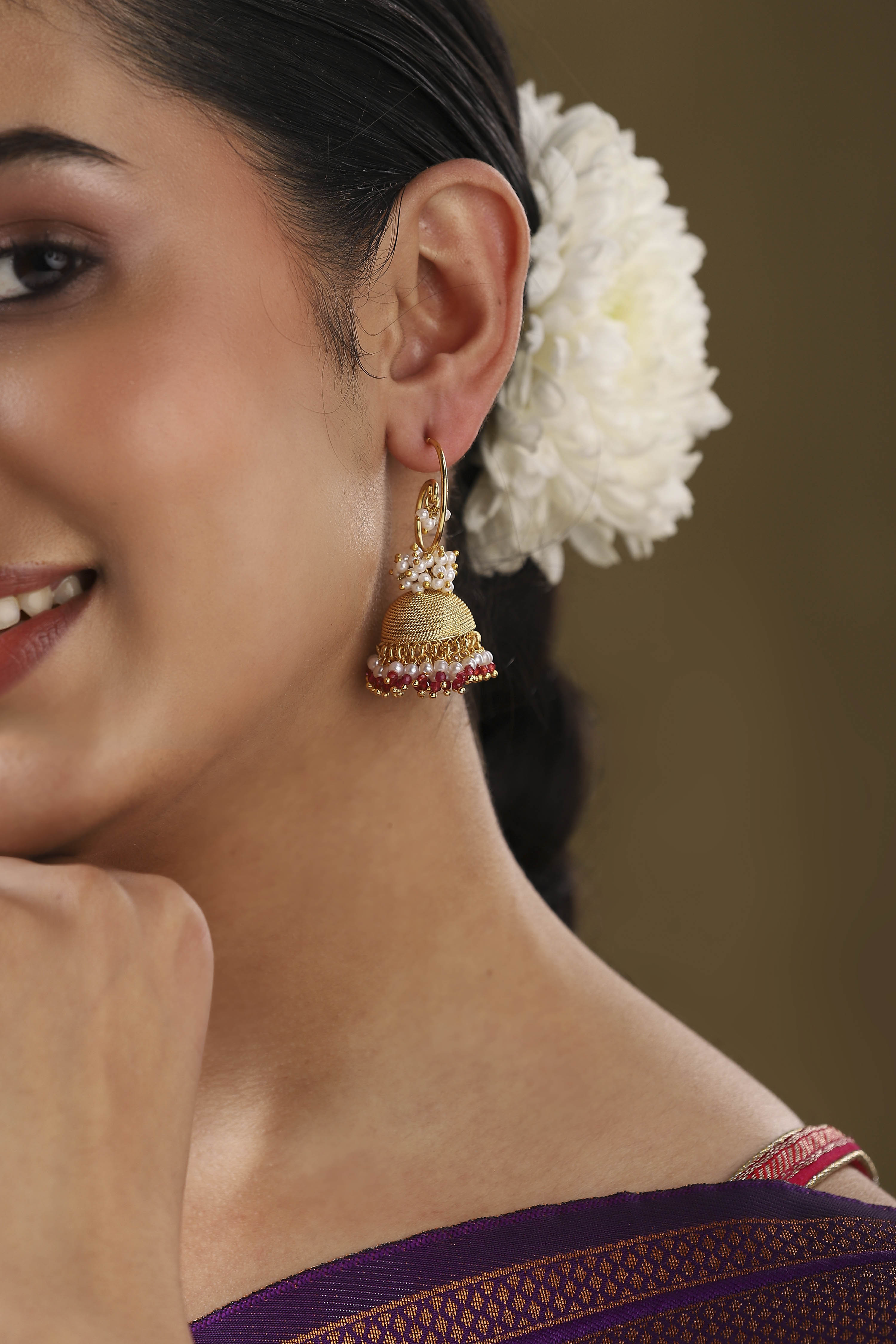 Pink Gold Plated Brass Pearl Studded Jhumkas image number 1