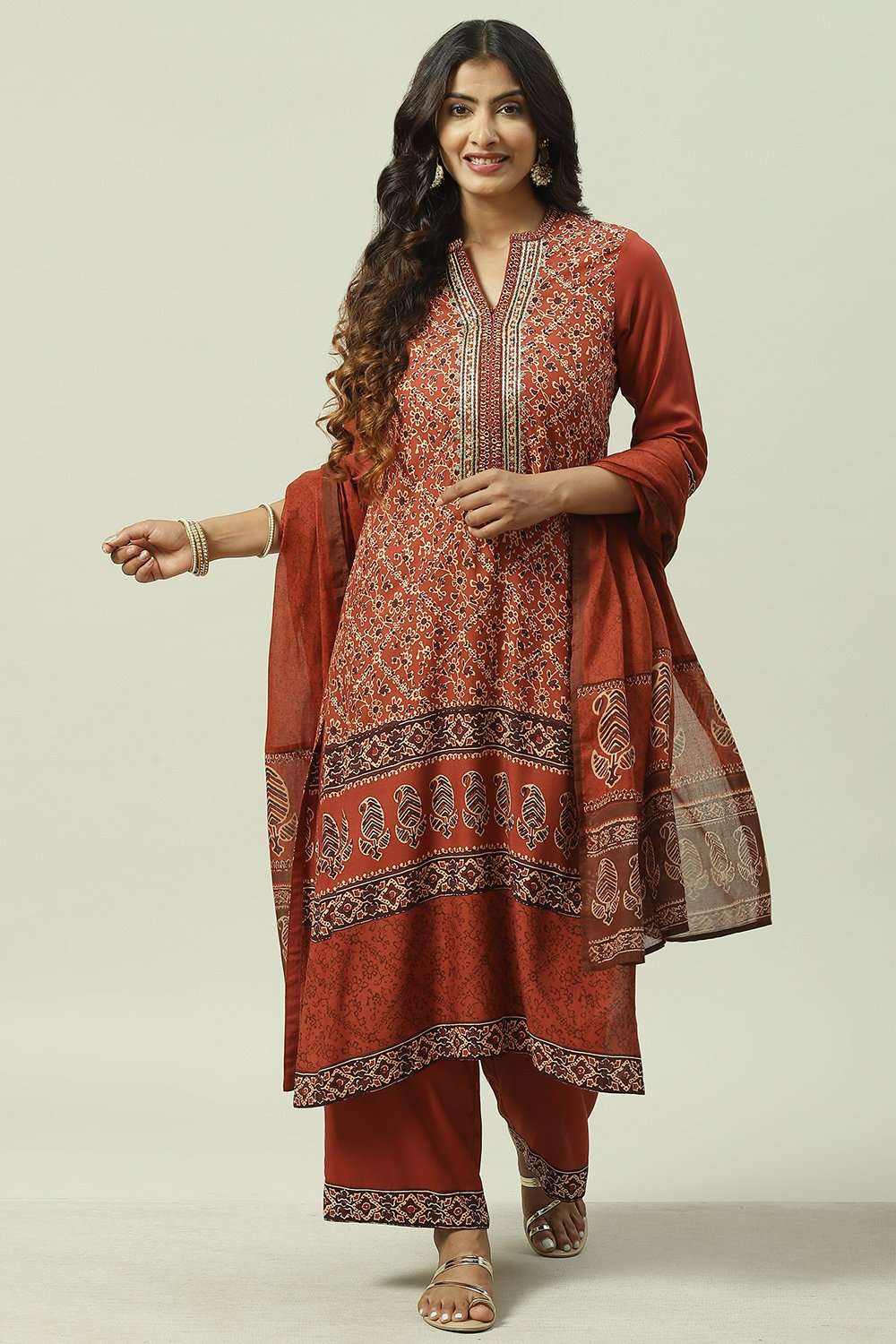 Rust LIVA Printed Palazzo Kurta Palazzo Suit Set image number 0