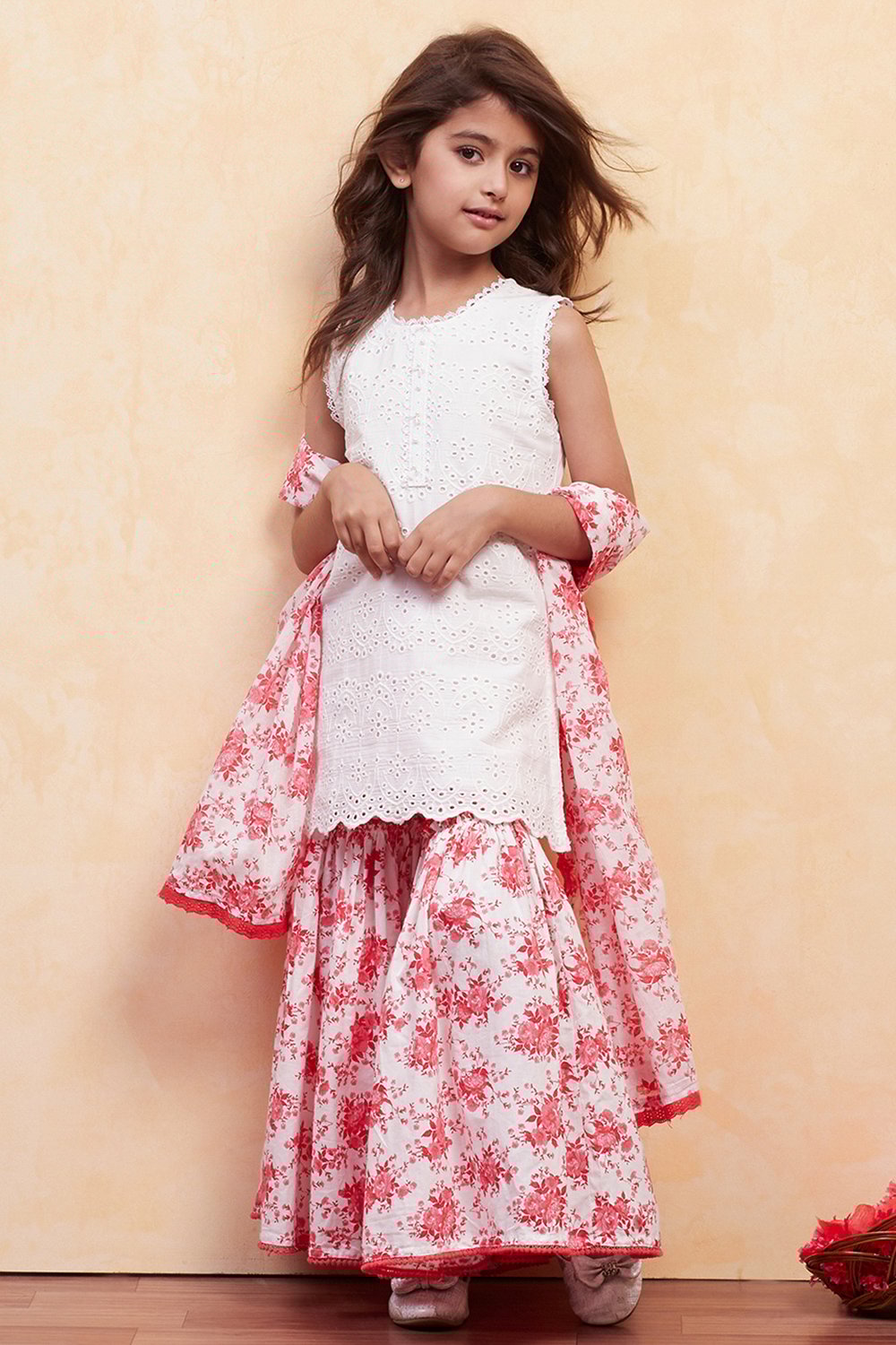 White Red Cotton Sharara Suit Set image number 0