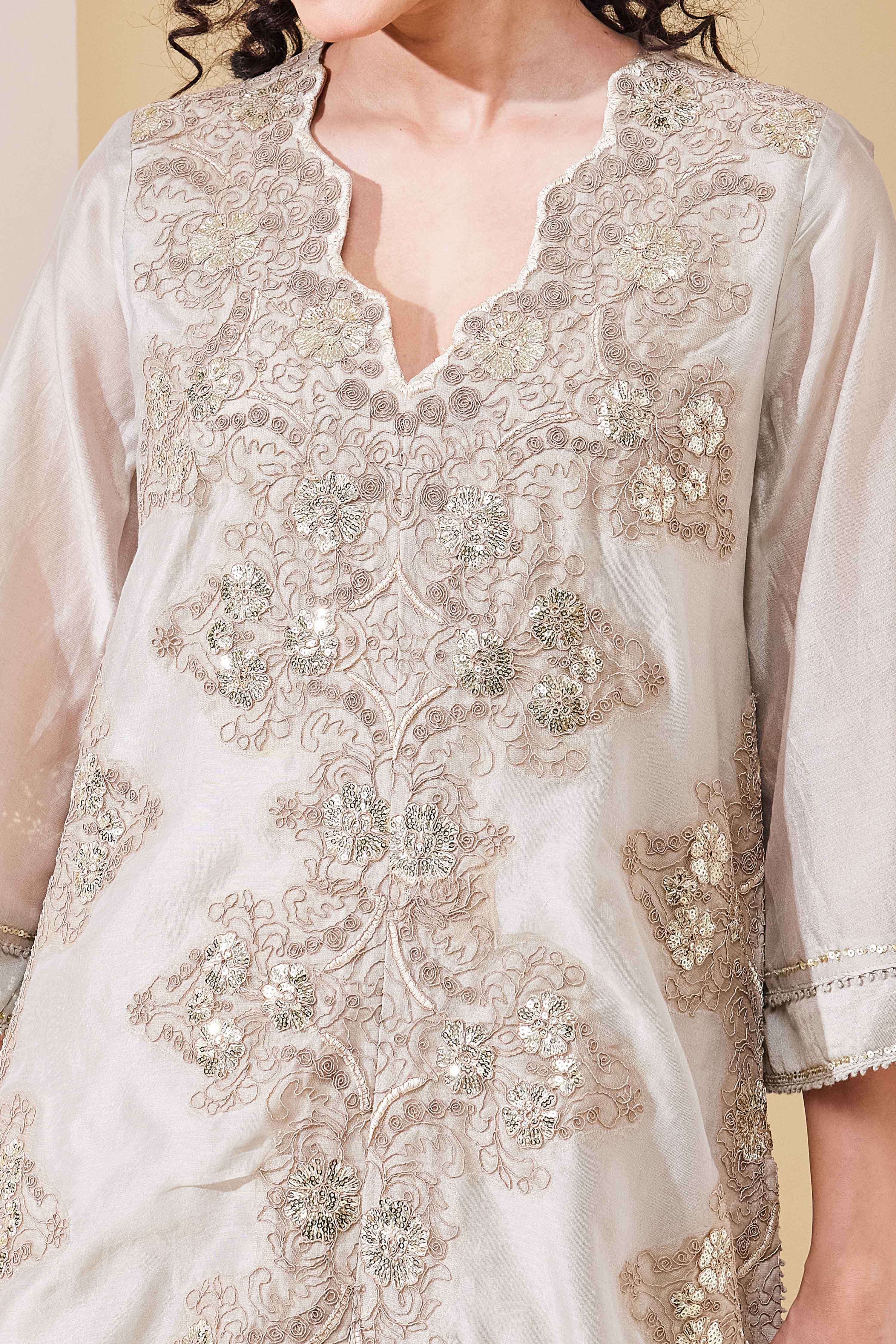 Beige Cotton Blend Straight Embroidered Suit Set image number 1