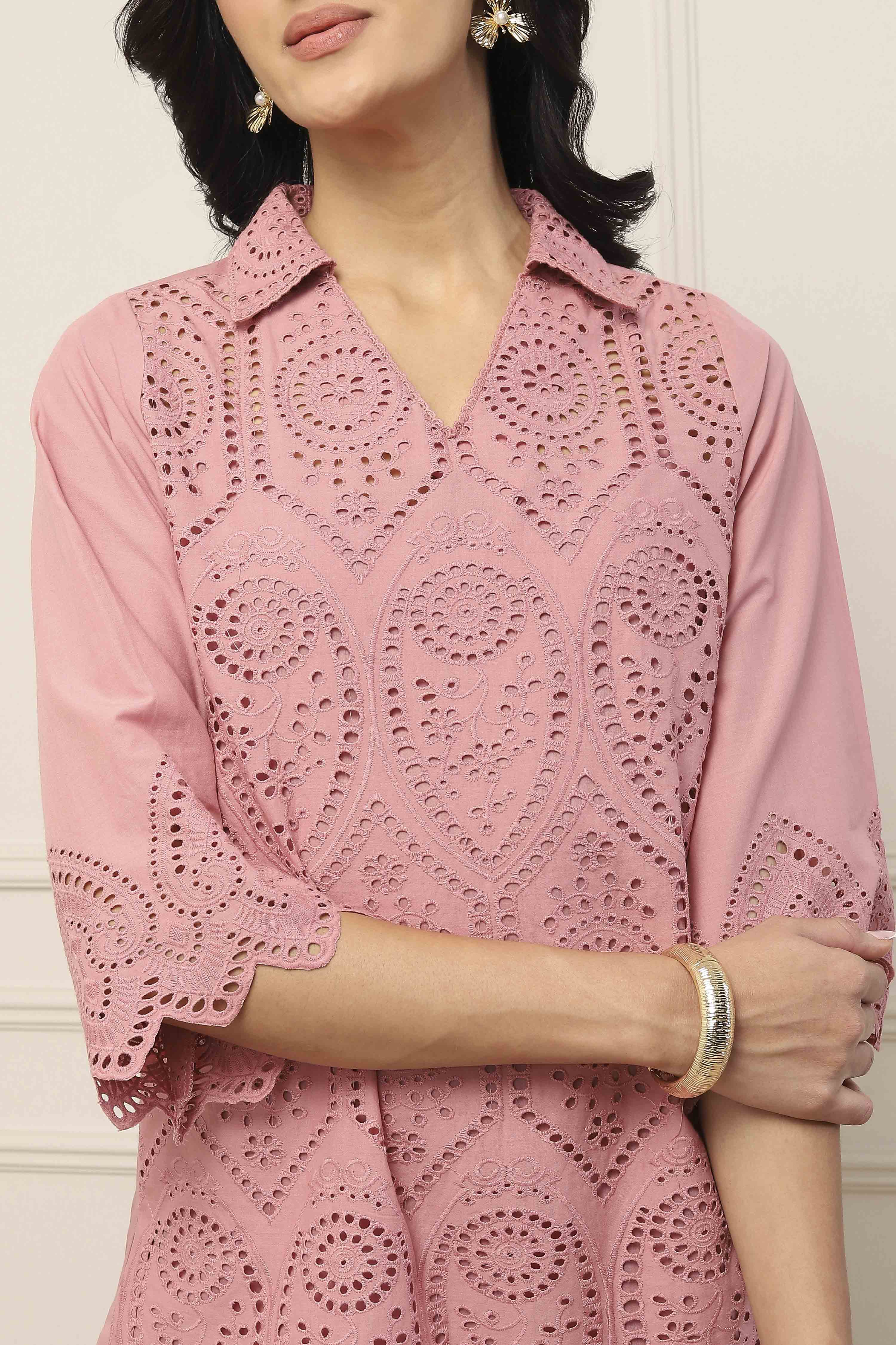 Dusky Pink Cotton Schiffli Straight Suit Set image number 1