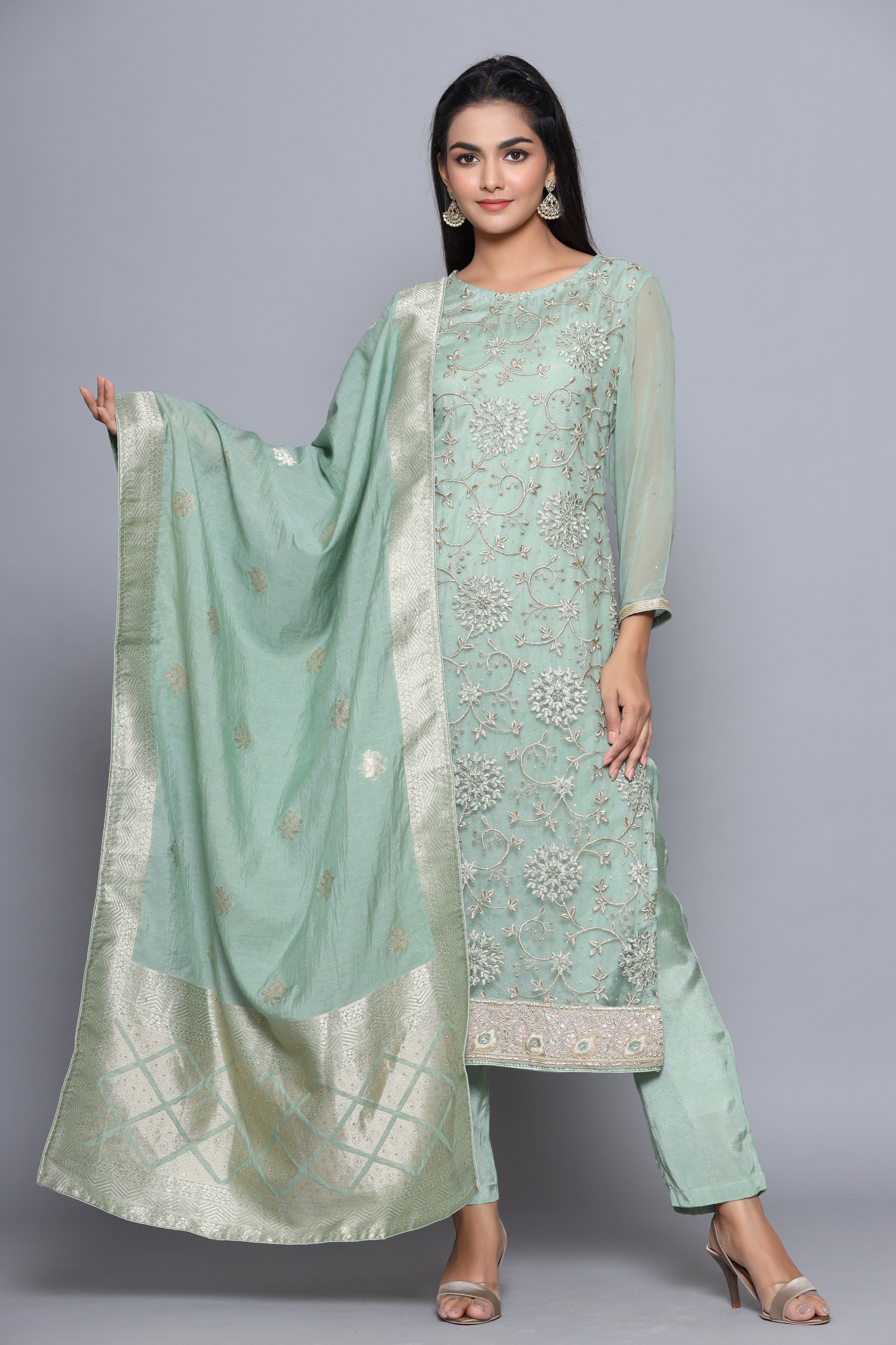 Pista Green Fancy NetÂ  Easy Stitch Suit Set image number 0