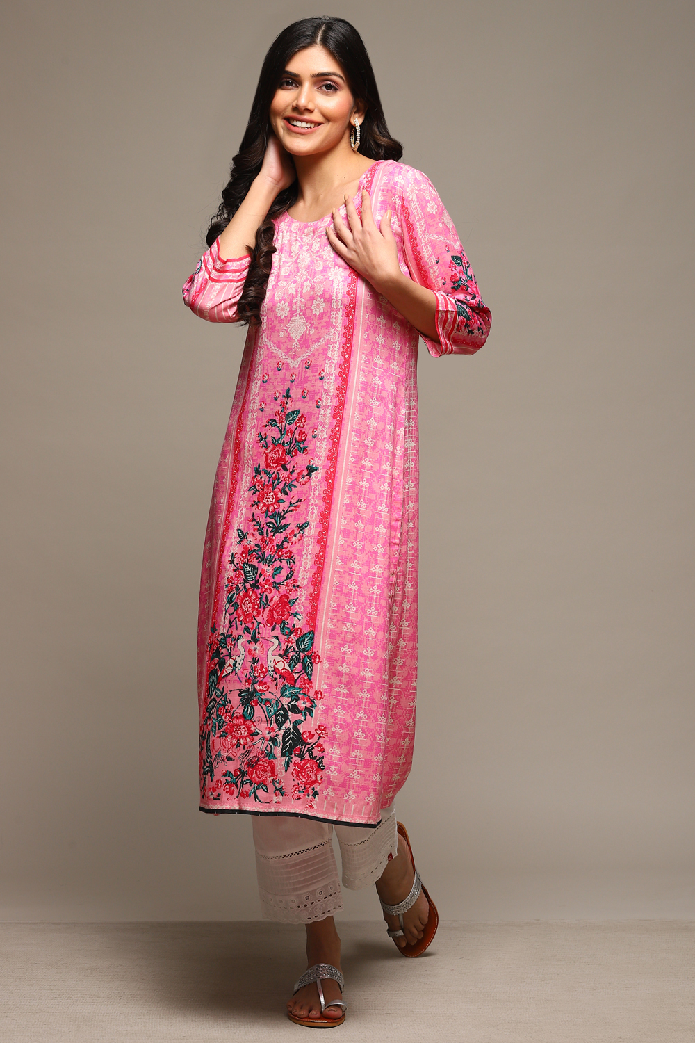 Pink LIVA Straight Printed Kurta image number 5