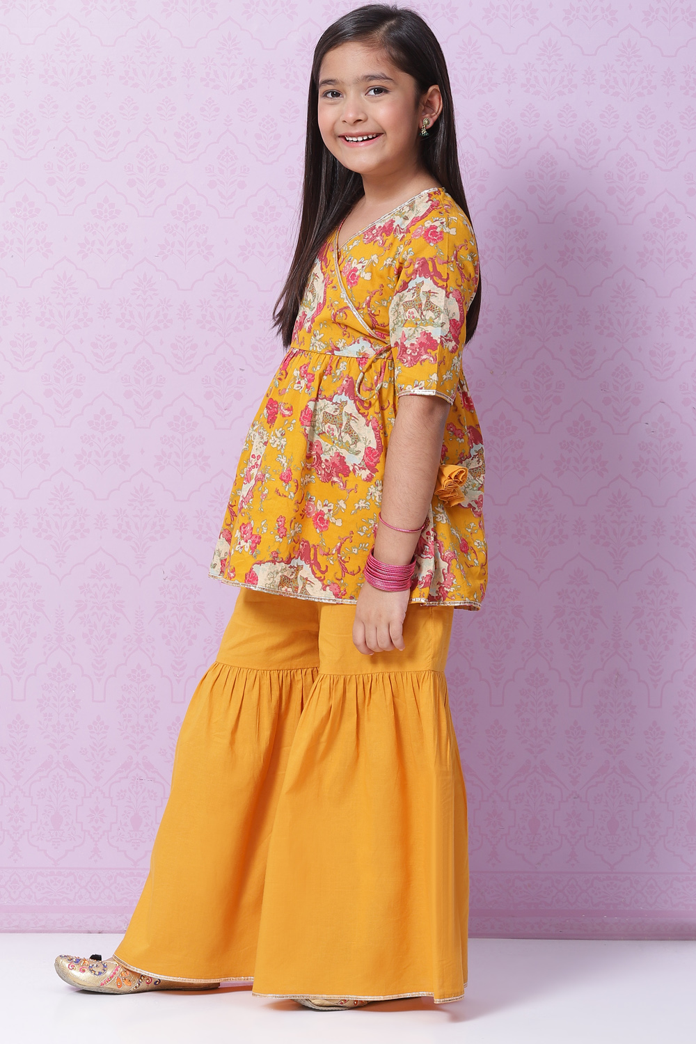 Yellow Cotton Flared Printed Kurta Set image number 3