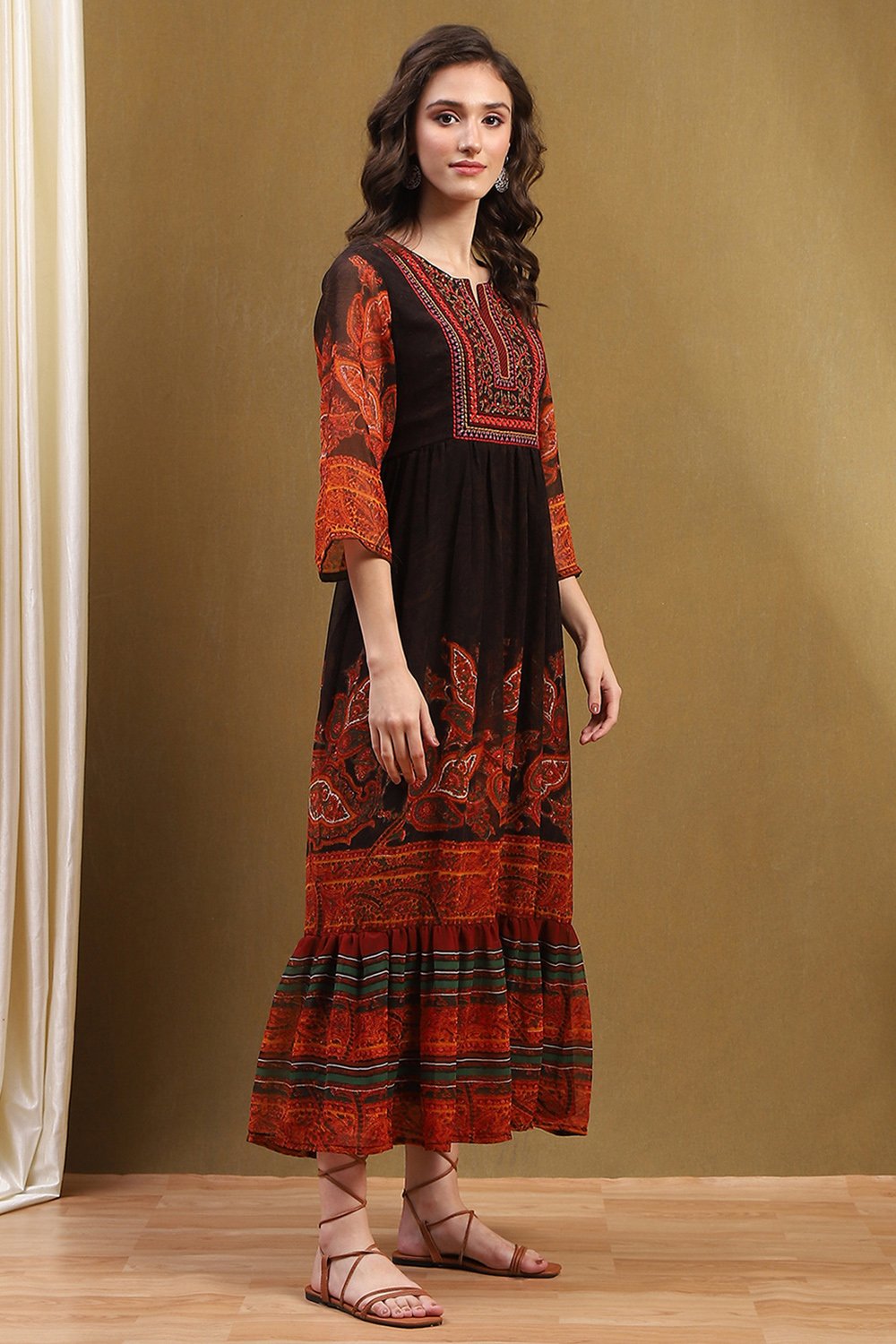 Chocolate Brown Georgette Printed Tiered Dress image number 4