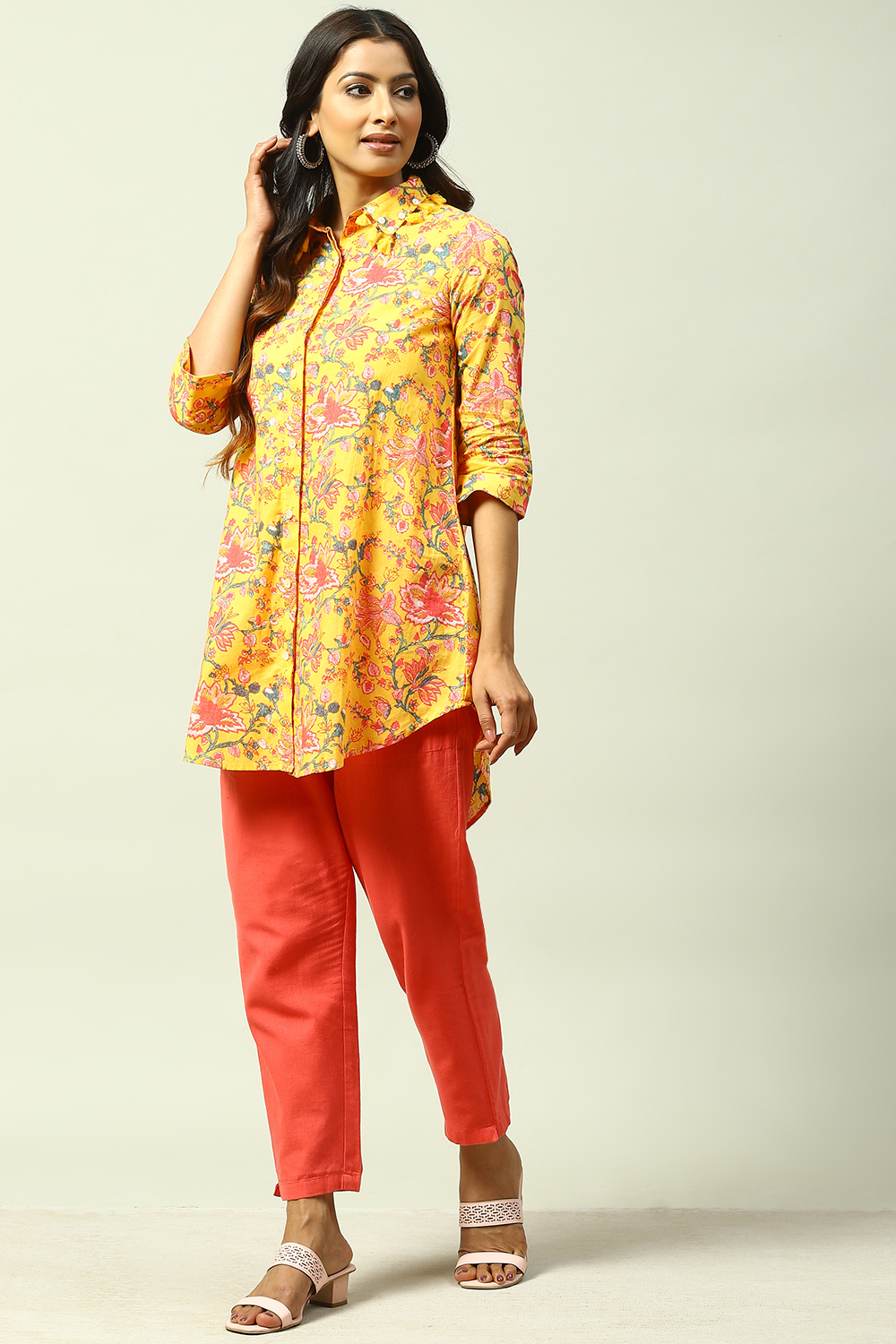 Yellow Cotton Asymmetric Printed Shirt image number 0